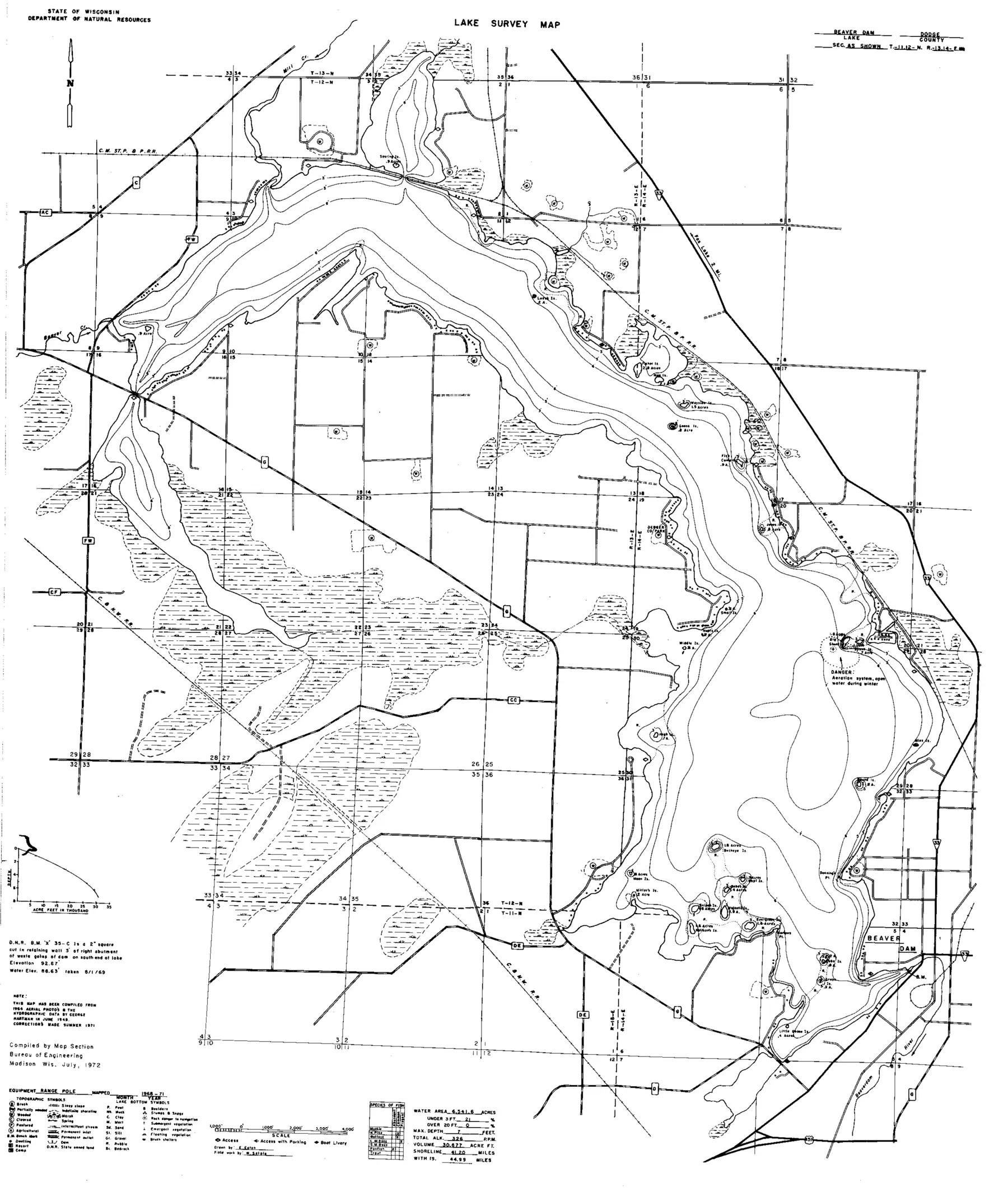 DNR survey map of Beaver Dam Lake, sheet 1 of 6, with depths in feet. Tap to zoom.