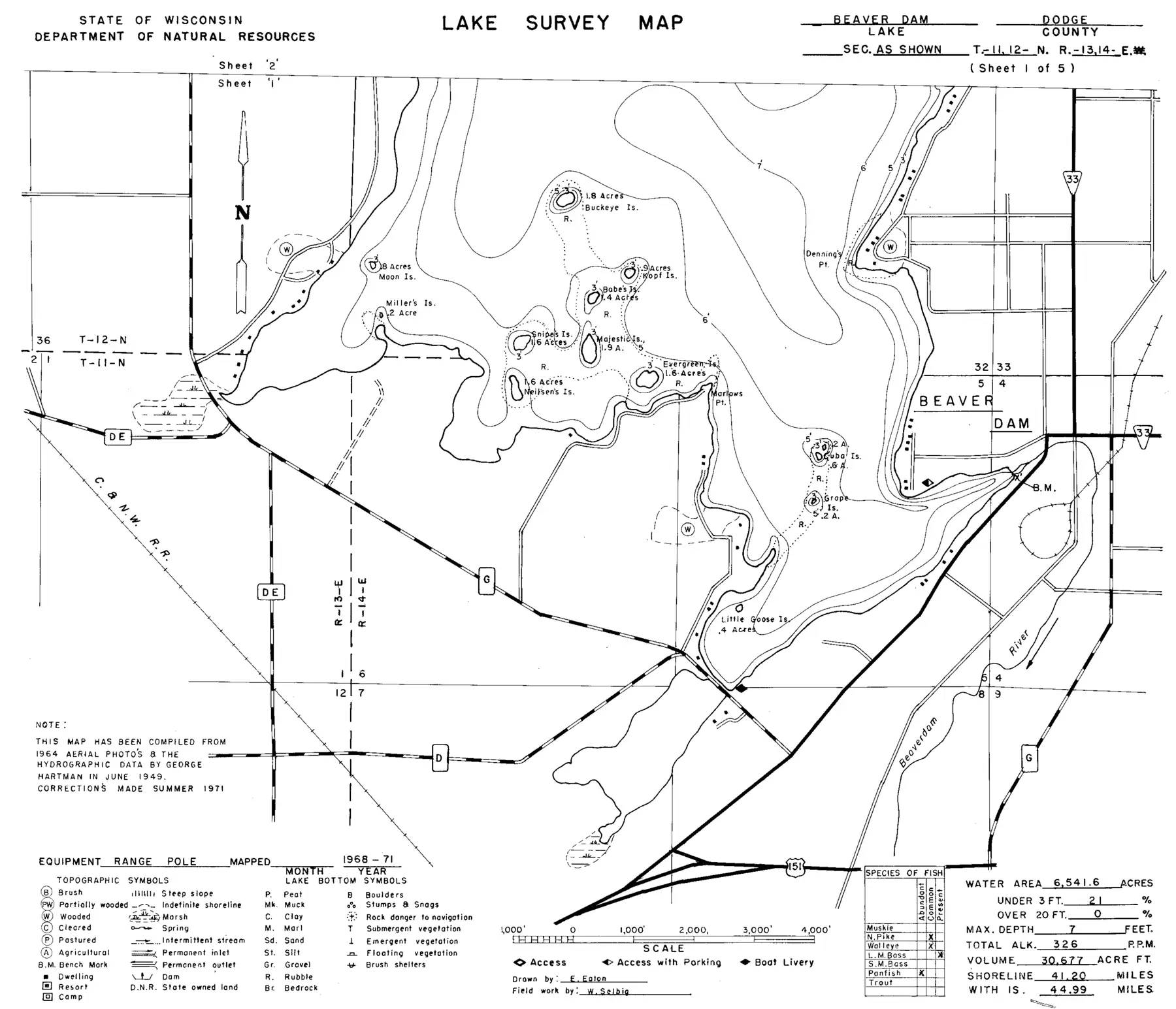 DNR survey map of Beaver Dam Lake, sheet 2 of 6, with depths in feet. Tap to zoom.