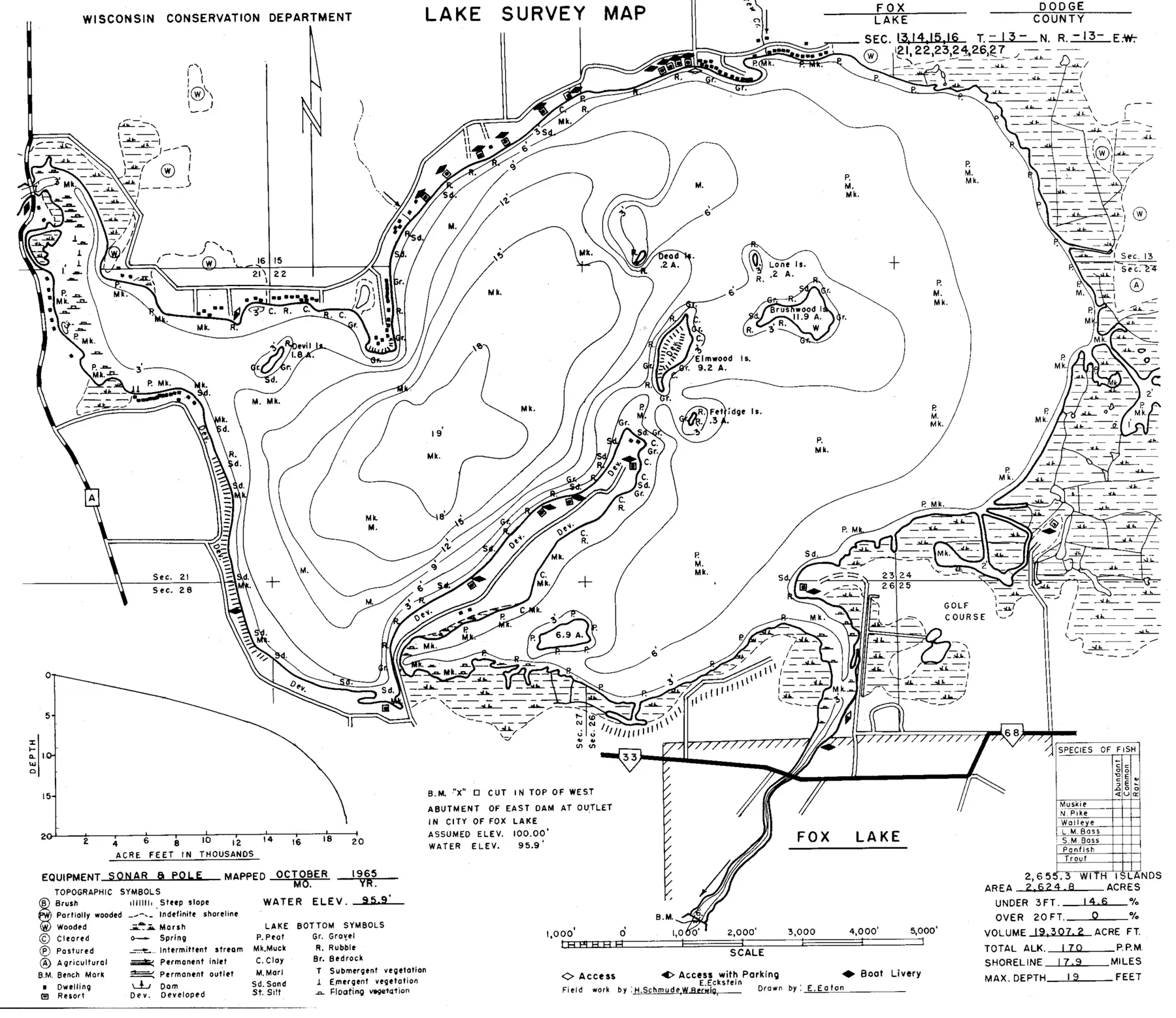 DNR survey map of Fox Lake, with depths in feet. Tap to zoom.