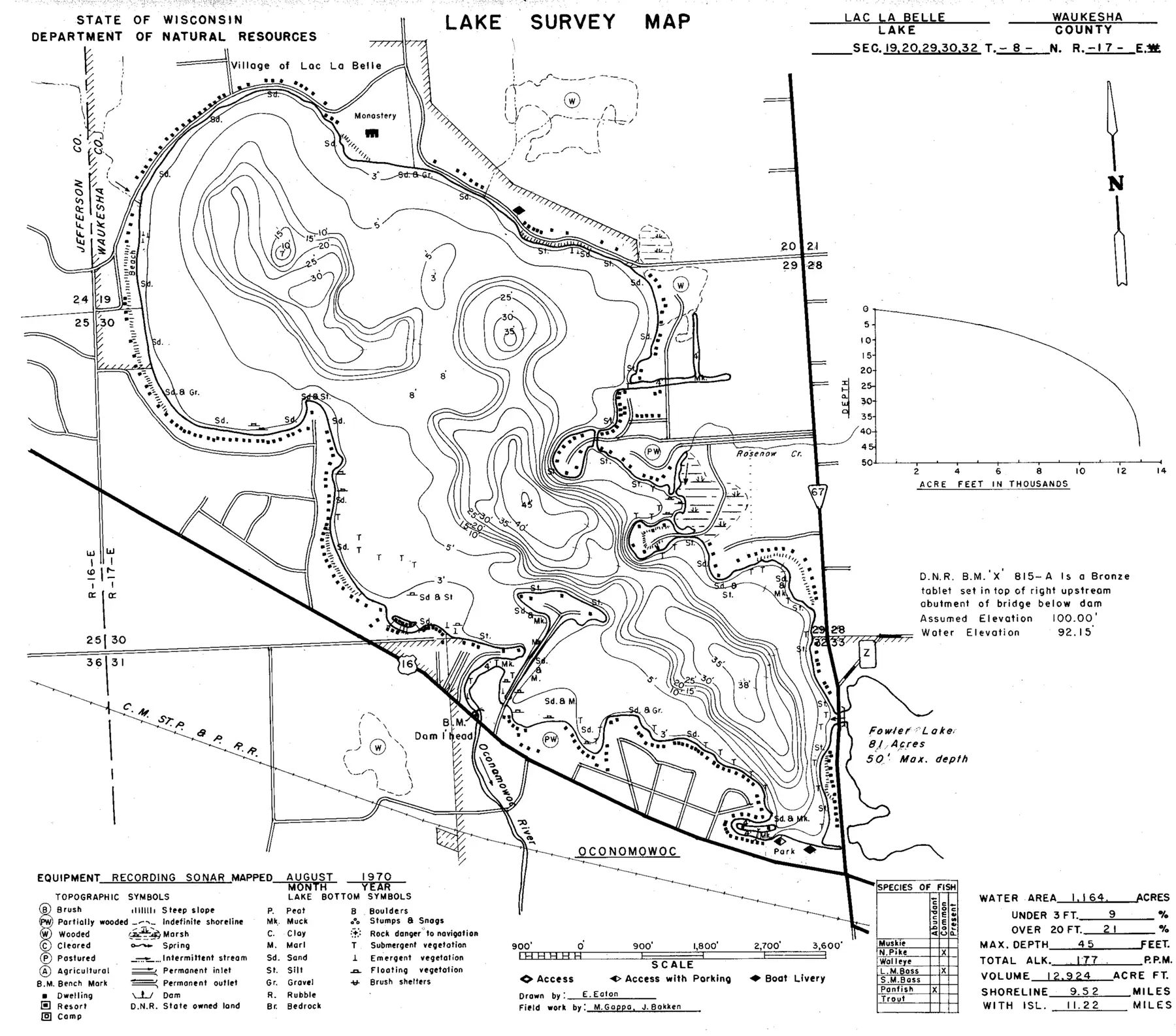 DNR survey map of Lac La Belle, with depths in feet. Tap to zoom.