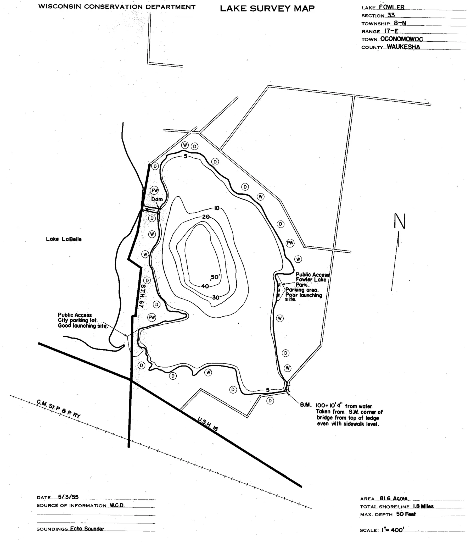 DNR survey map of Fowler Lake, with depths in feet. Tap to zoom.
