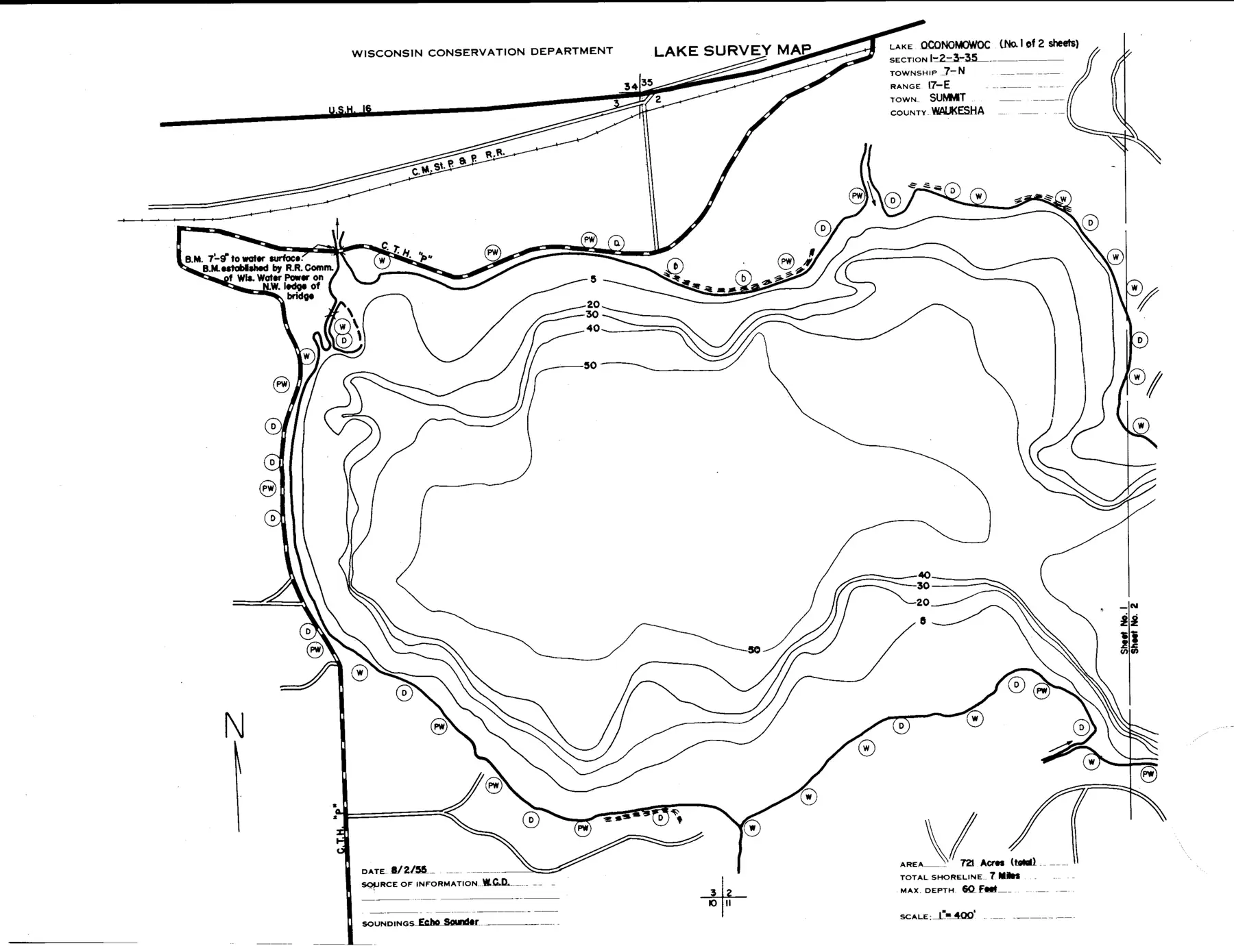 DNR survey map of Oconomowoc Lake, sheet 1 of 2, with depths in feet. Tap to zoom.