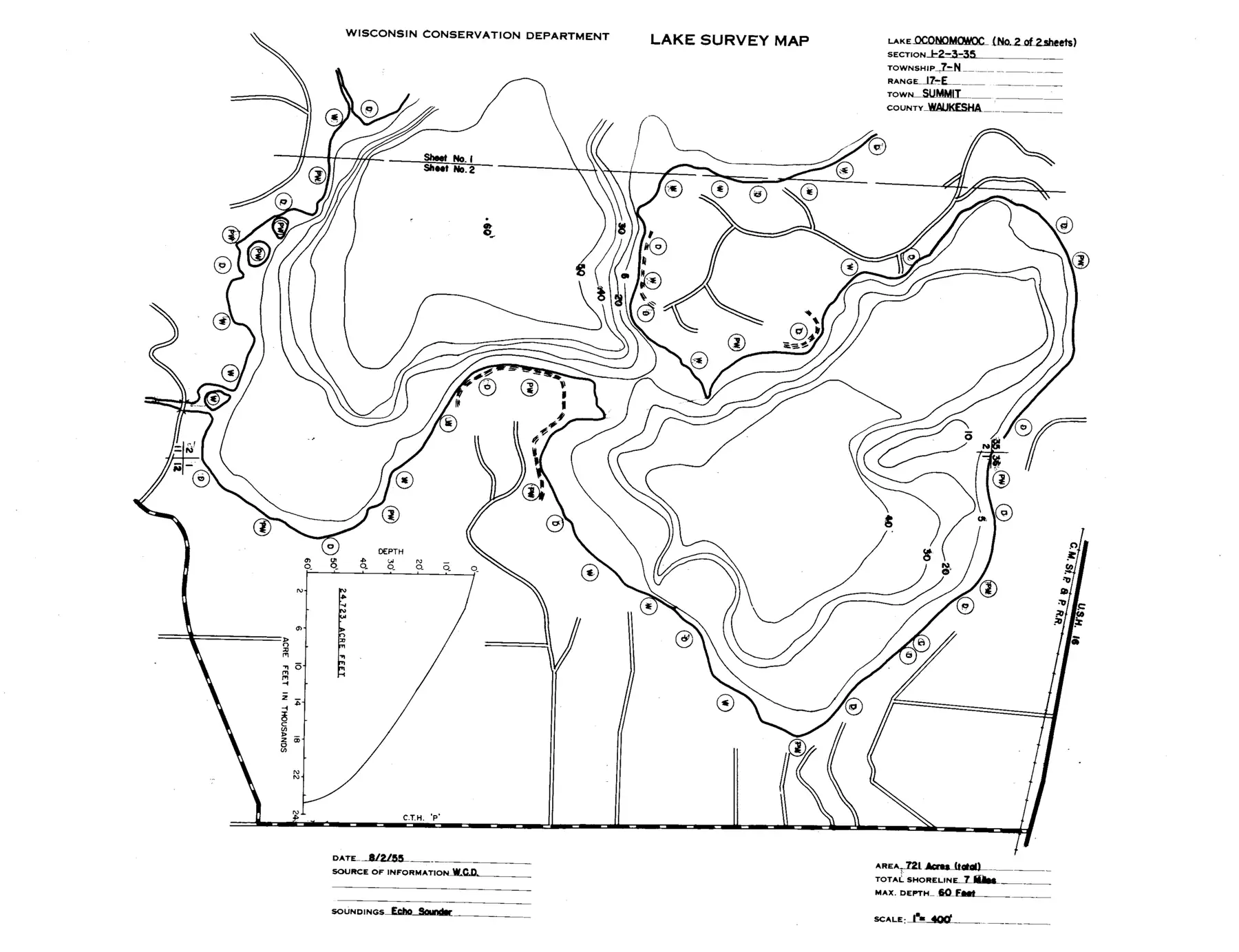 DNR survey map of Oconomowoc Lake, sheet 2 of 2, with depths in feet. Tap to zoom.