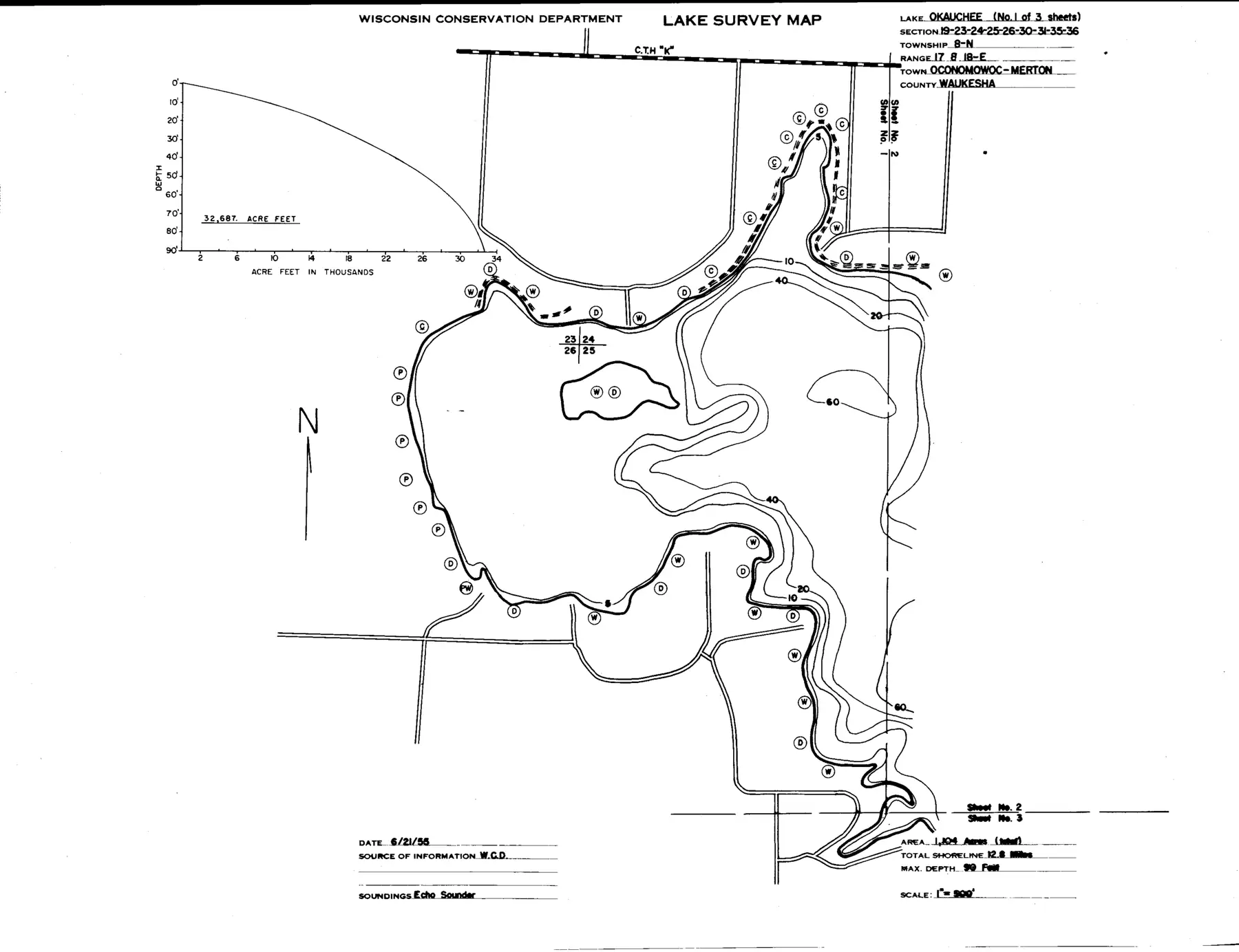 DNR survey map of Okauchee Lake, sheet 1 of 3, with depths in feet. Tap to zoom.