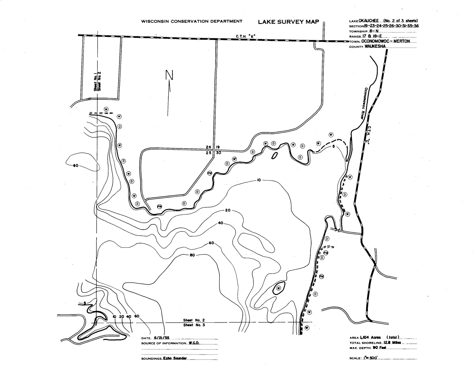 DNR survey map of Okauchee Lake, sheet 2 of 3, with depths in feet. Tap to zoom.
