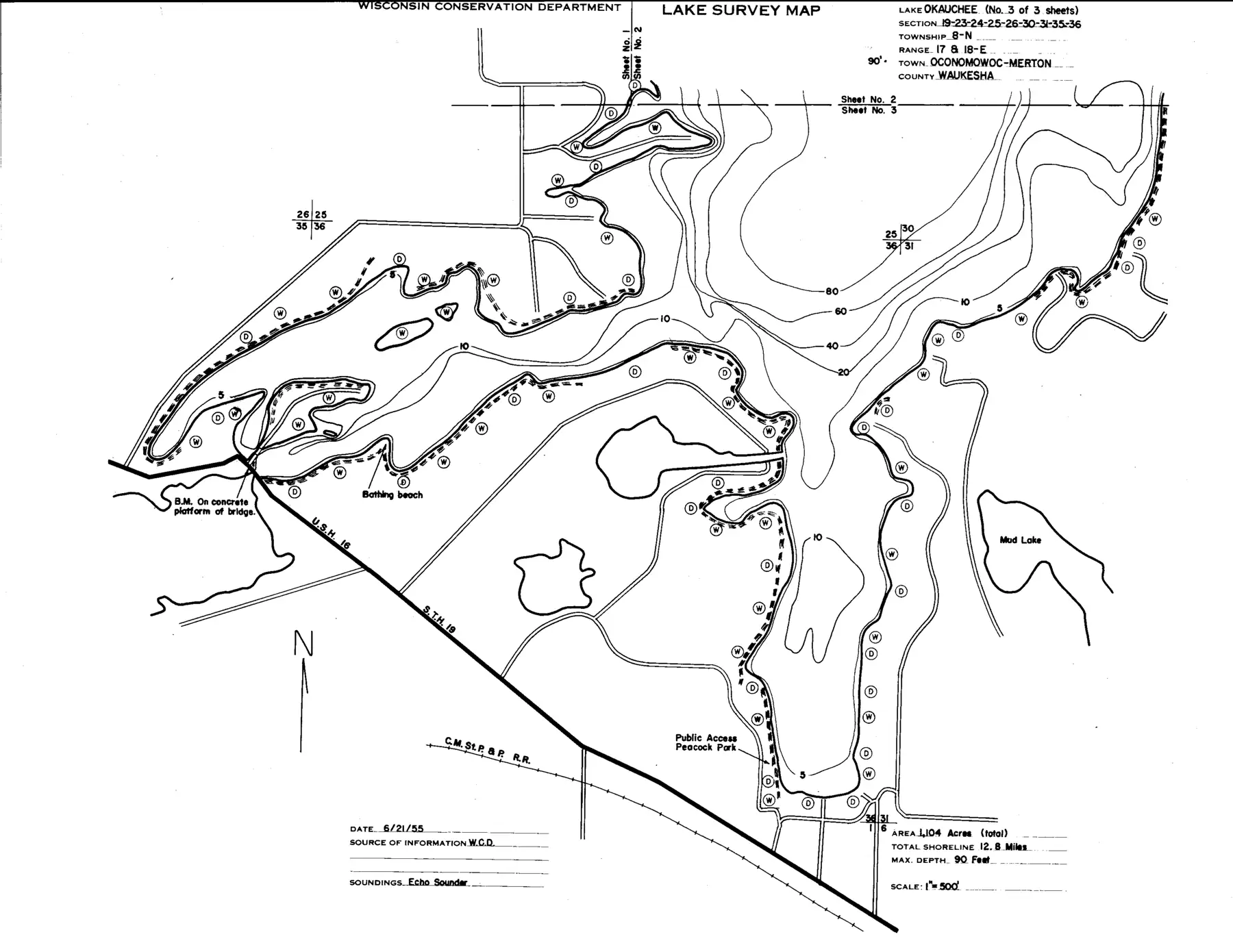 DNR survey map of Okauchee Lake, sheet 3 of 3. Tap to zoom.