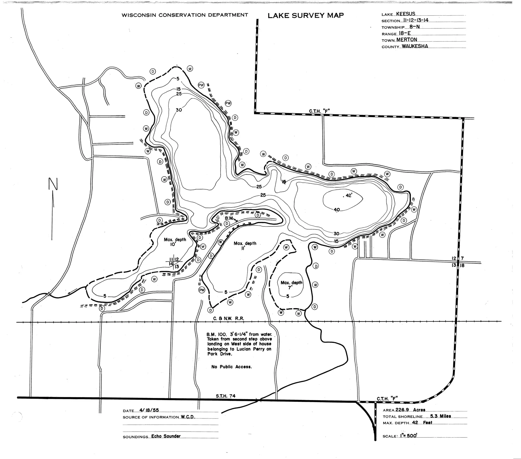 DNR survey map of Lake Keesus, with depths in feet. Tap to zoom.