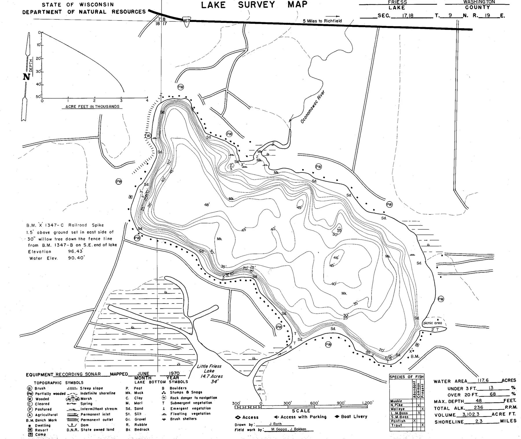 DNR survey map of Friess Lake, with depths in feet. Tap to zoom.