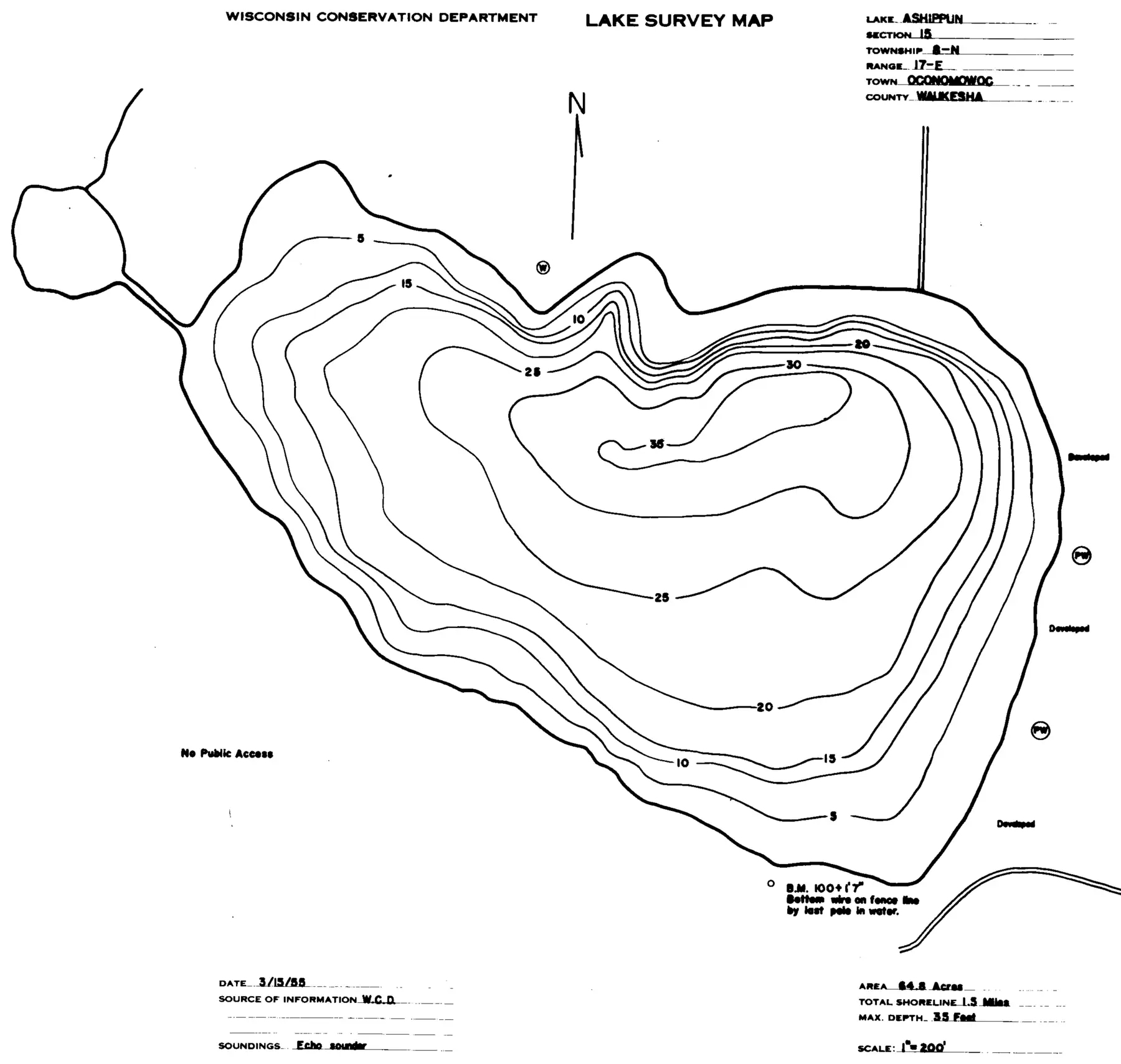 DNR survey map of Ashippun Lake, with depths in feet. Tap to zoom.