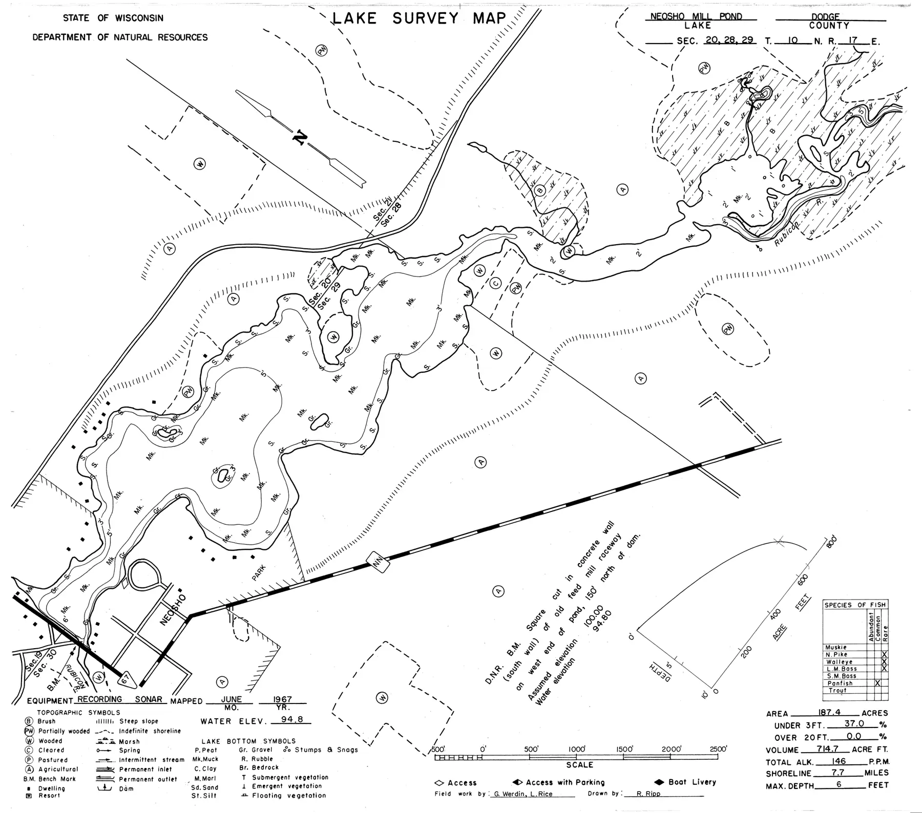 DNR survey map of Neosho Mill Pond, with depths in feet. Tap to zoom.