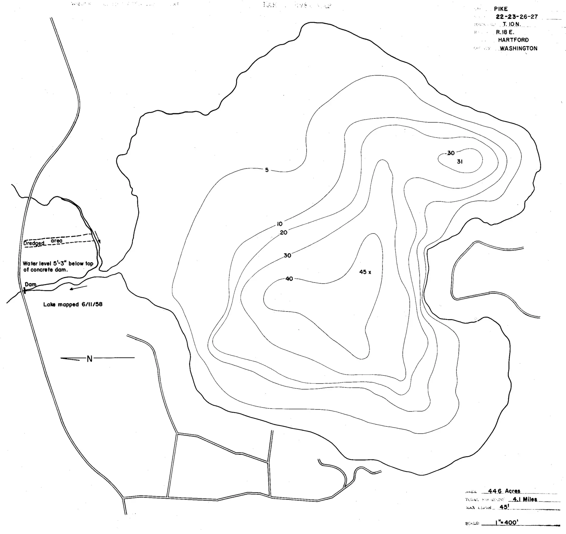 DNR survey map of Pike Lake, with depths in feet. Tap to zoom.
