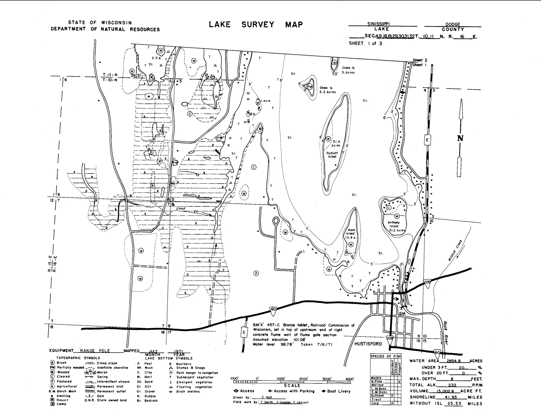 DNR survey map of Sinissippi Lake (Hustisford), sheet 1 of 3, with depths in feet. Tap to zoom.