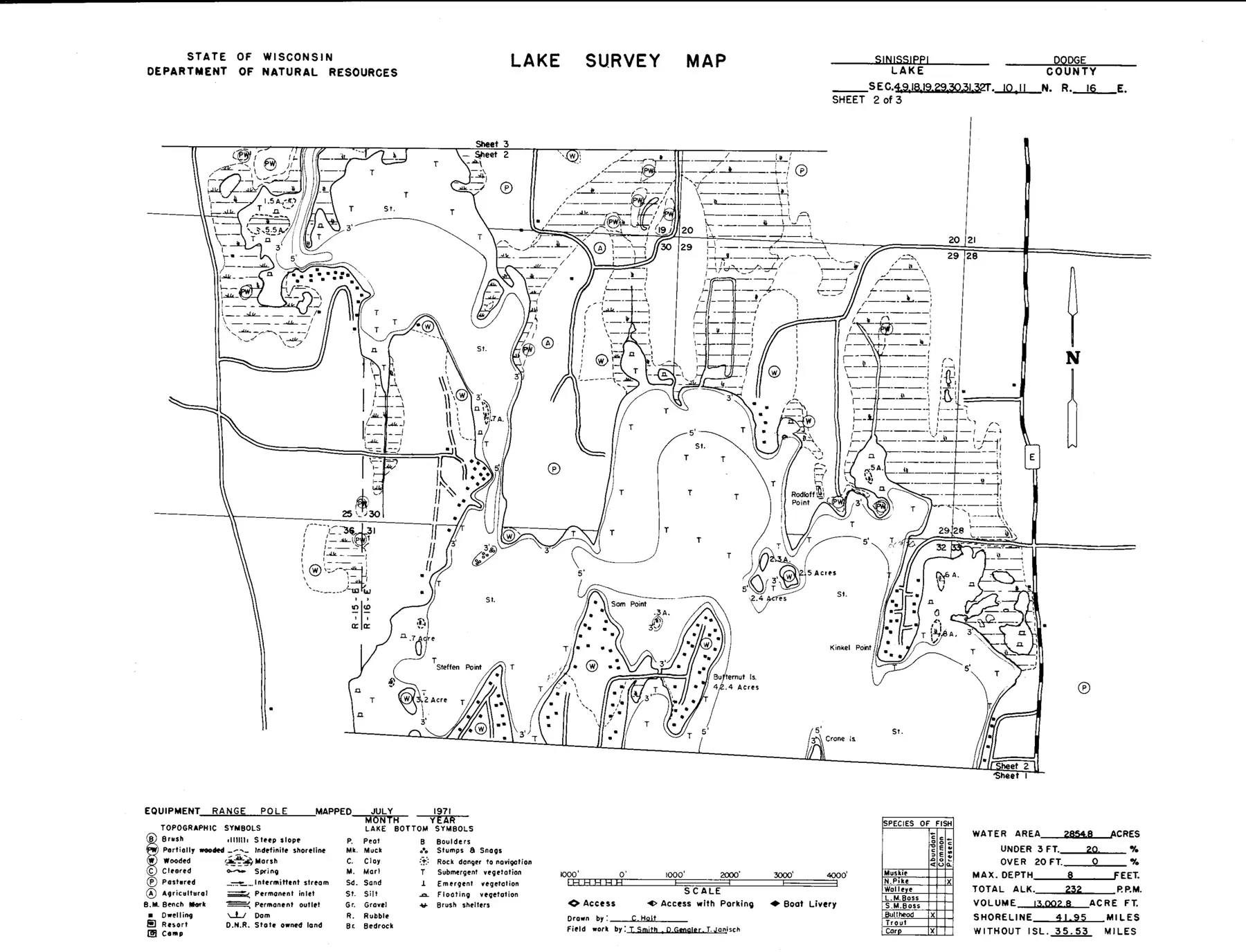 DNR survey map of Sinissippi Lake (Hustisford), sheet 2 of 3, with depths in feet. Tap to zoom.