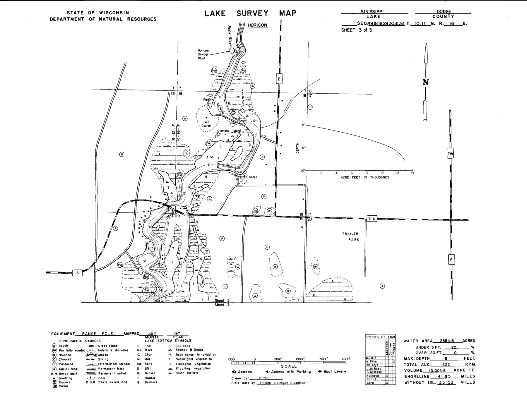 DNR survey map of Sinissippi Lake (Hustisford), sheet 3 of 3. Tap to zoom.