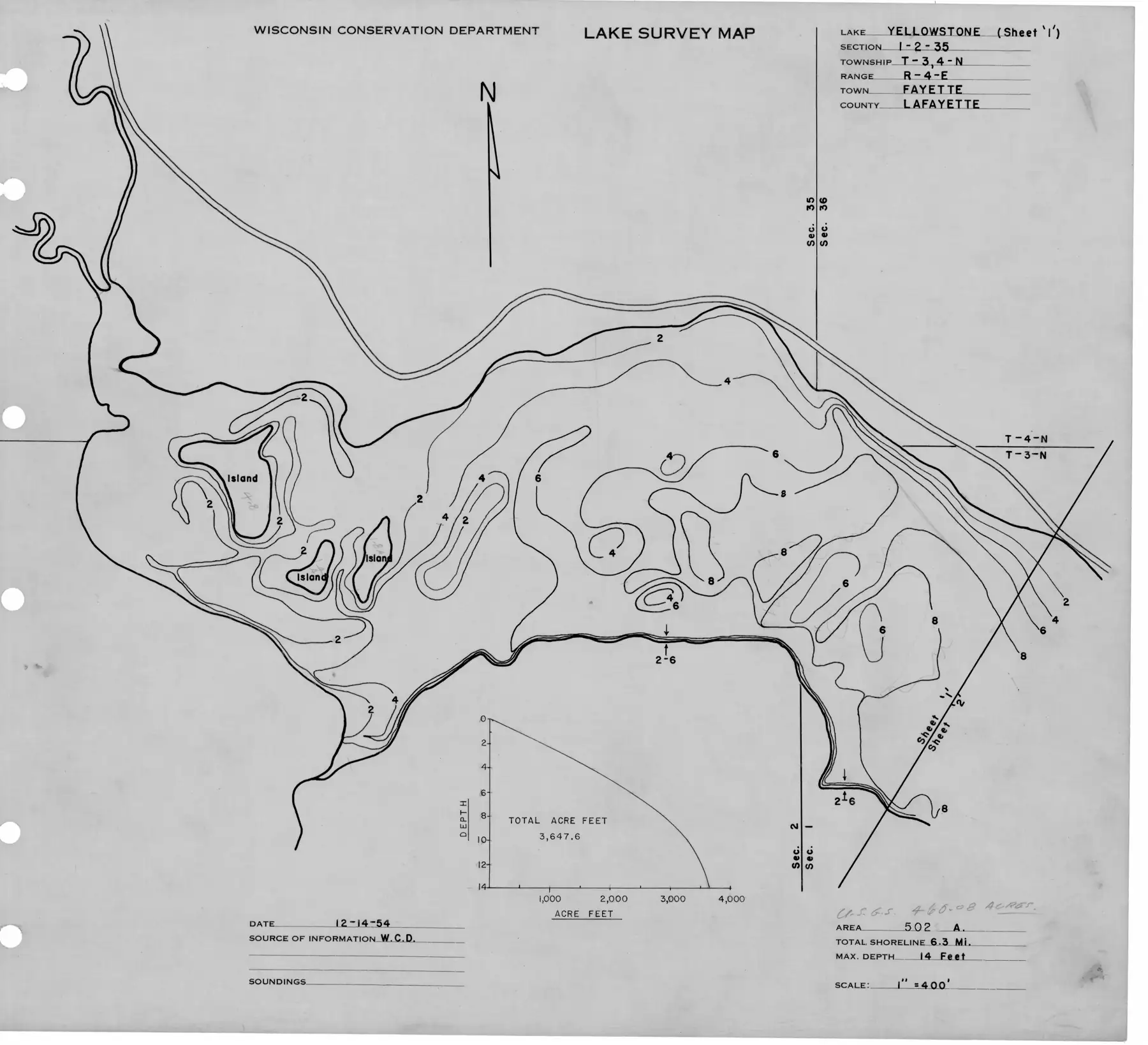 DNR survey map of Yellowstone Lake, sheet 1 of 6, with depths in feet. Tap to zoom.