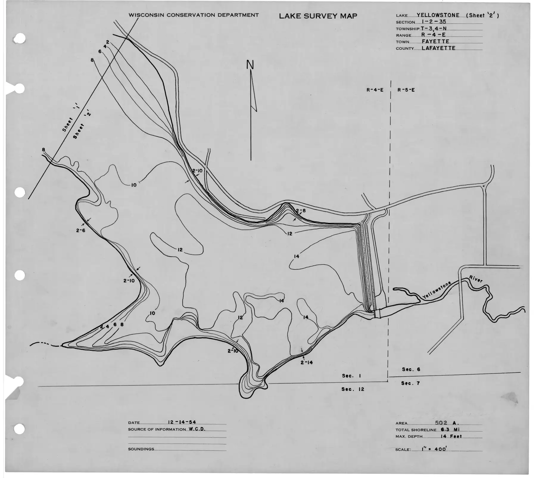 DNR survey map of Yellowstone Lake, sheet 2 of 6, with depths in feet. Tap to zoom.