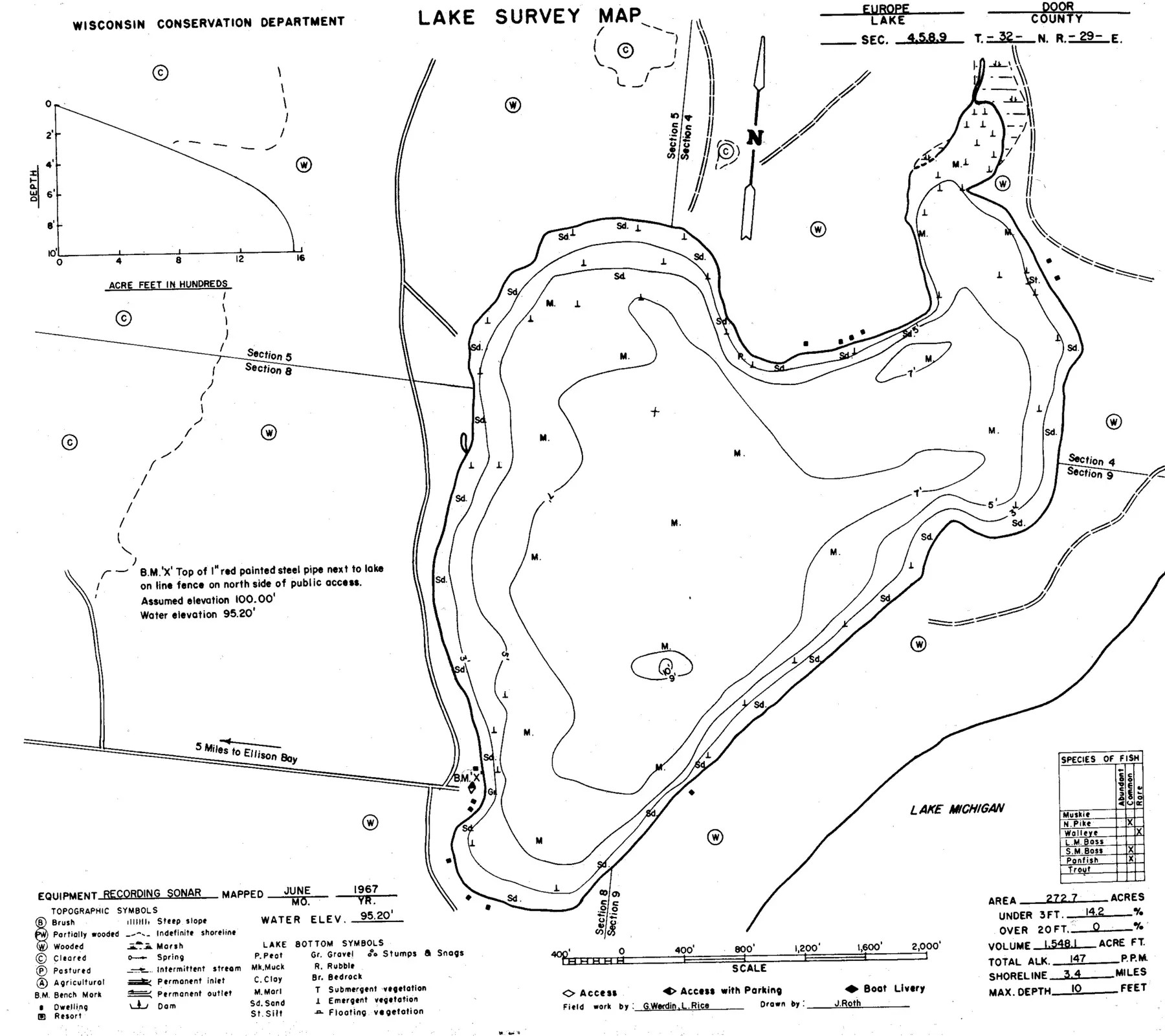 DNR survey map of Europe Lake, with depths in feet. Tap to zoom.