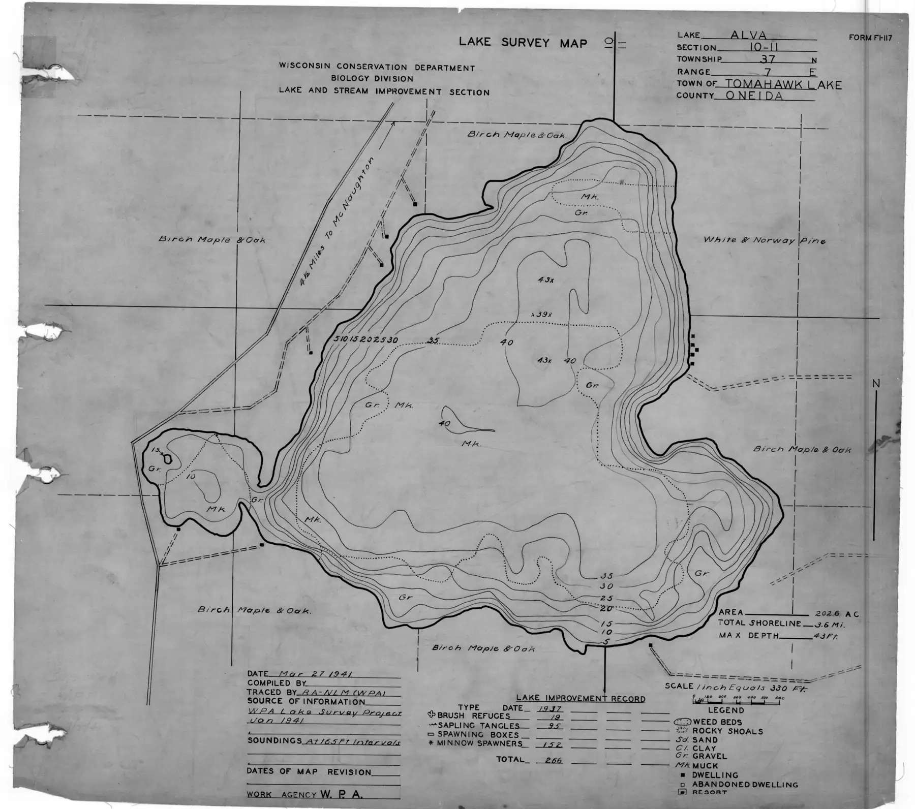 DNR survey map of Alva Lake, sheet 1 of 3, with depths in feet. Tap to zoom.