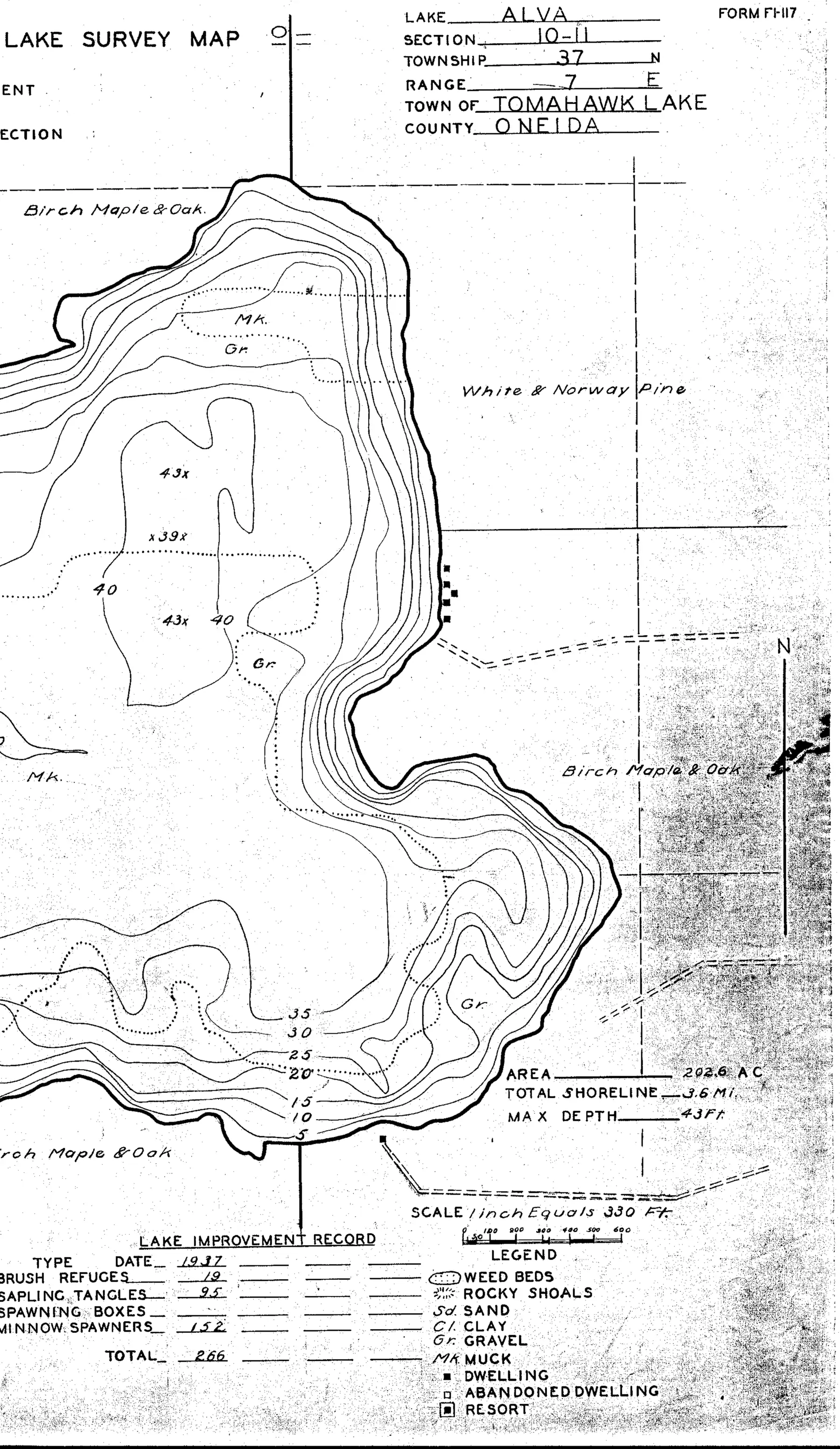 DNR survey map of Alva Lake, sheet 2 of 3, with depths in feet. Tap to zoom.