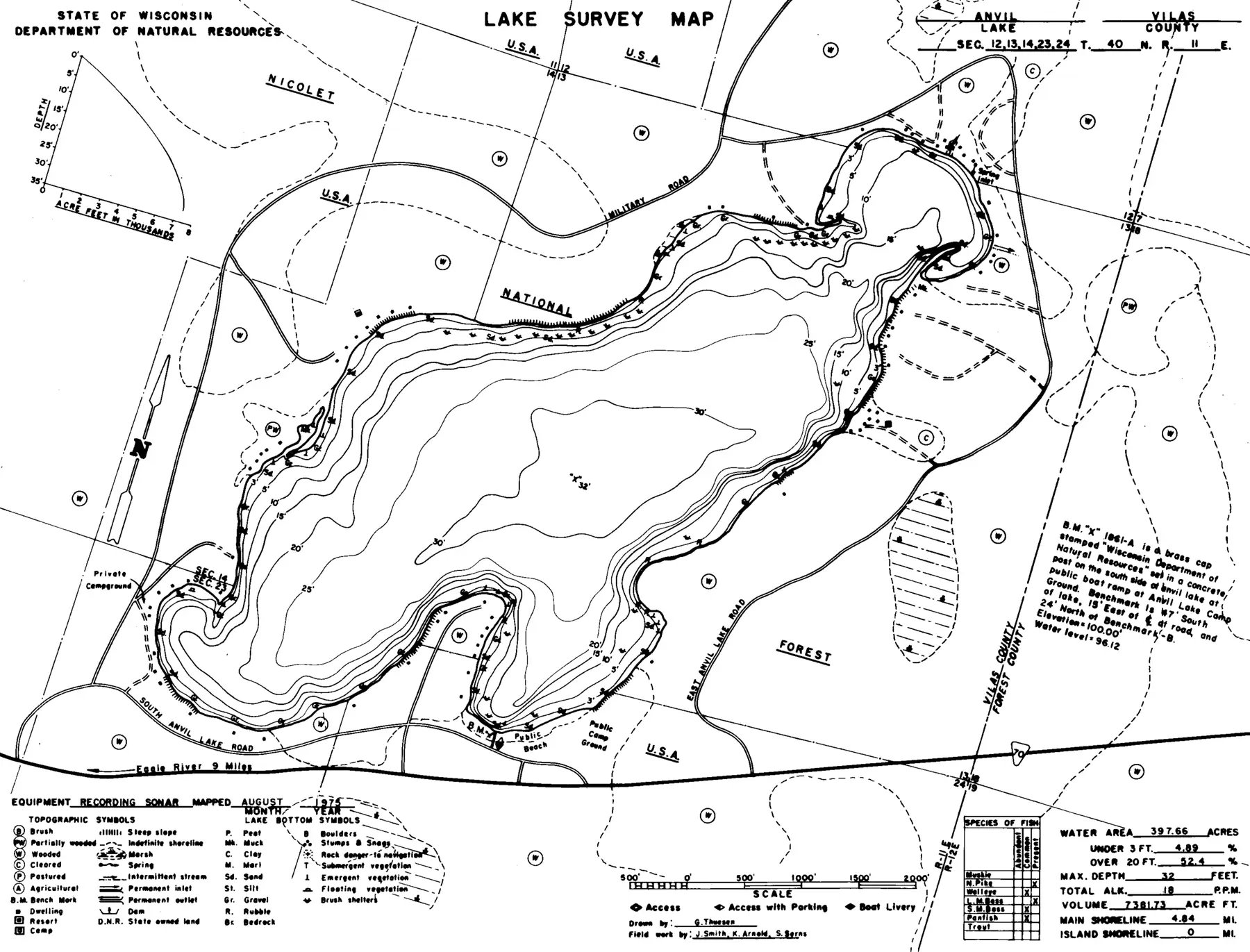 DNR survey map of Anvil Lake, with depths in feet. Tap to zoom.