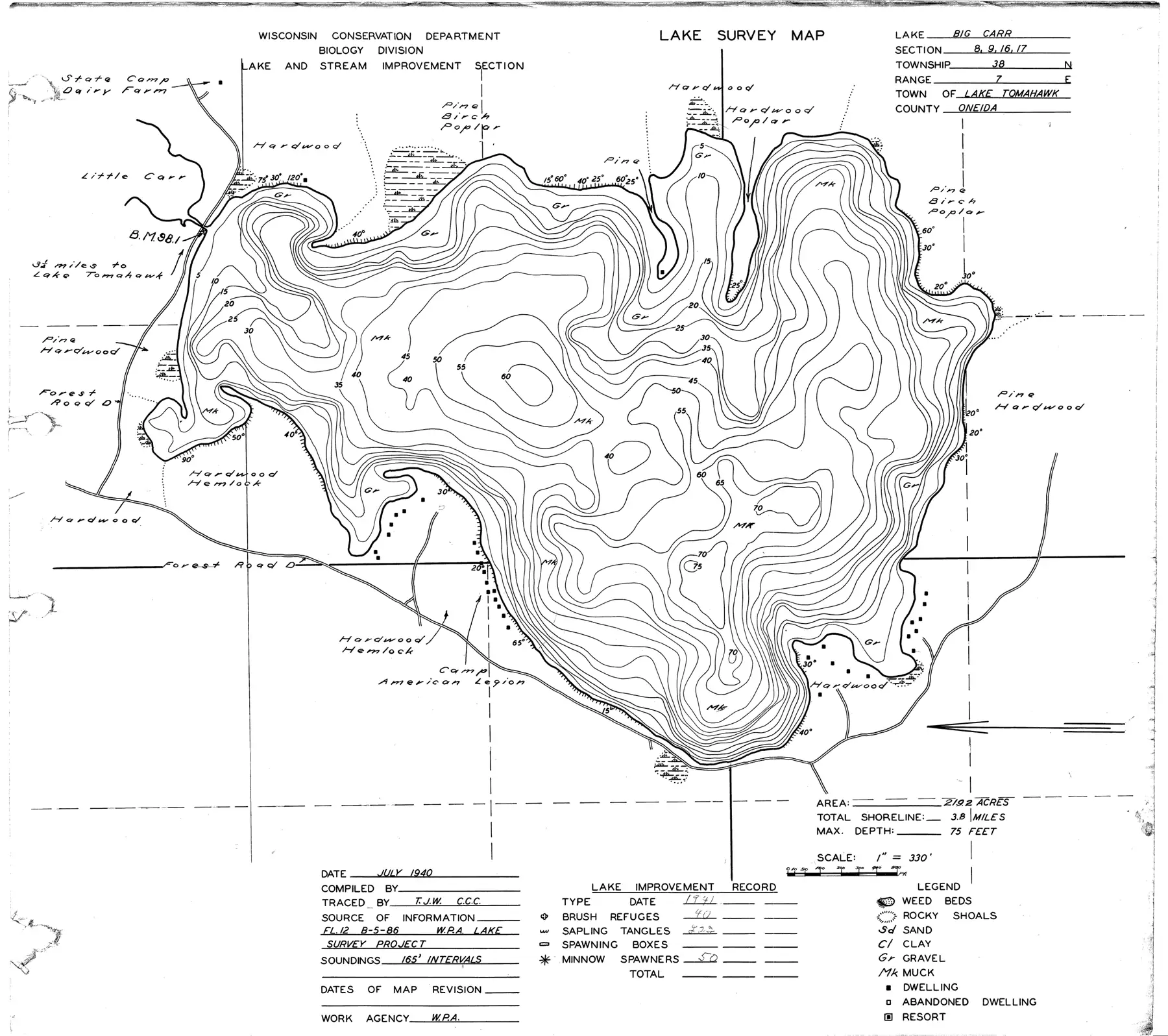 DNR survey map of Big Carr Lake, with depths in feet. Tap to zoom.