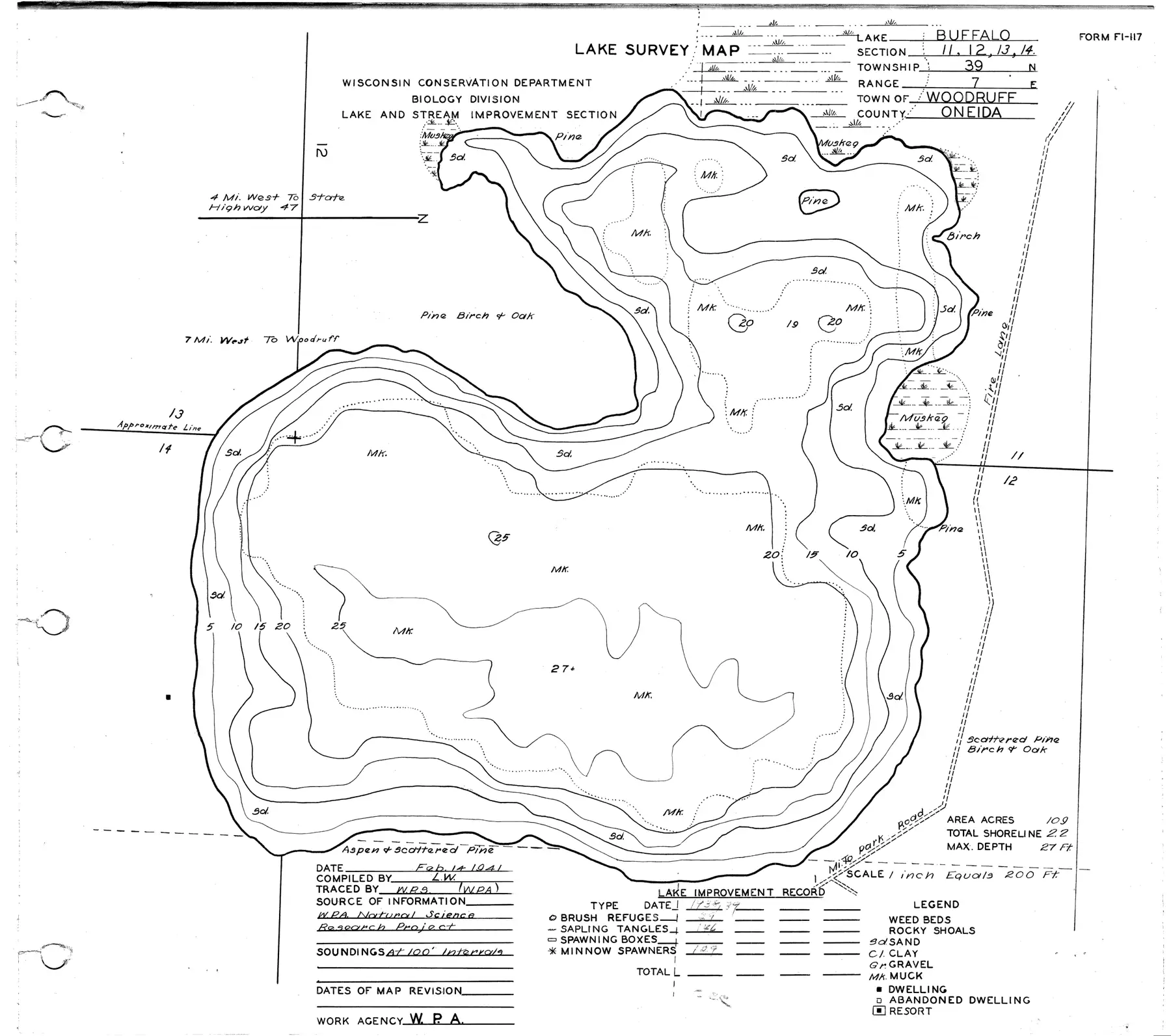 DNR survey map of Buffalo Lake, with depths in feet. Tap to zoom.