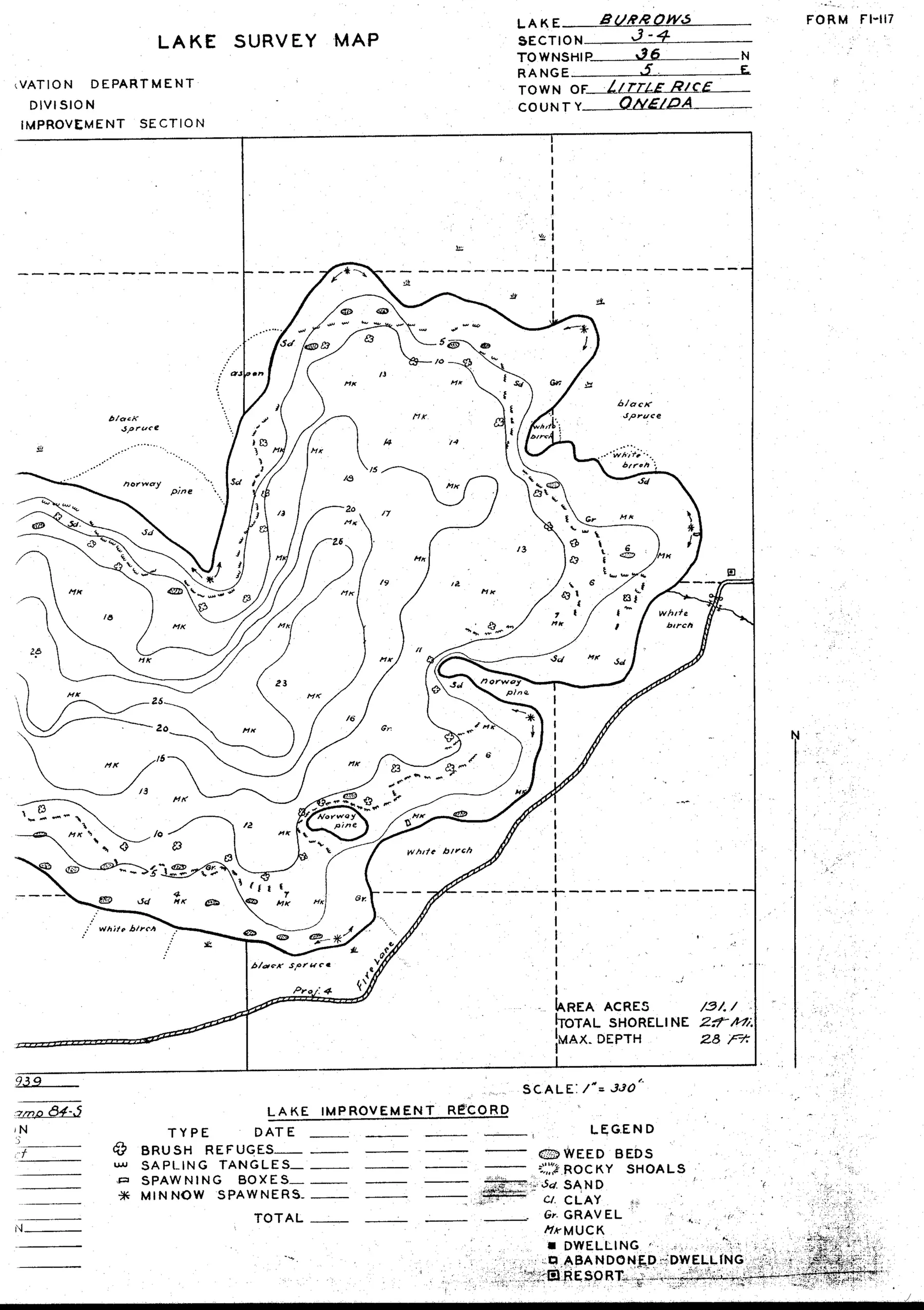 DNR survey map of Burrows Lake, sheet 1 of 2, with depths in feet. Tap to zoom.