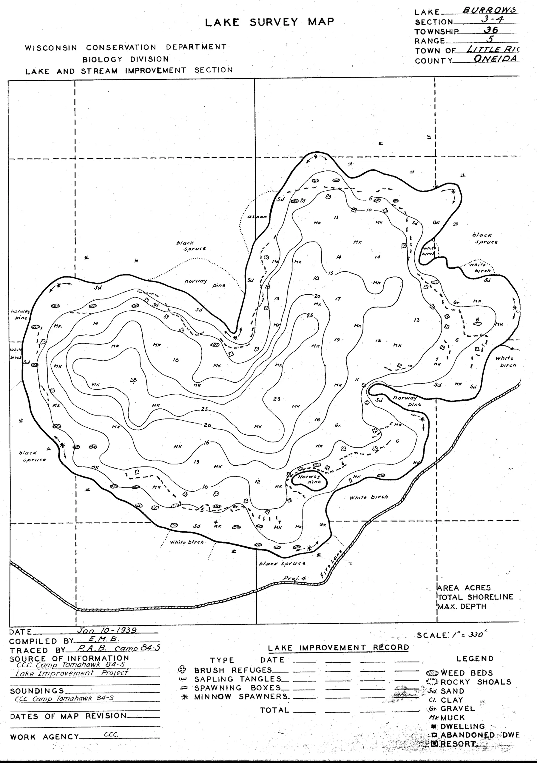 DNR survey map of Burrows Lake, sheet 2 of 2, with depths in feet. Tap to zoom.