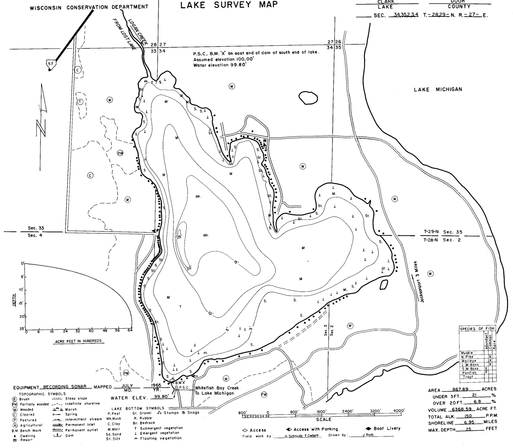 DNR survey map of Clark Lake, with depths in feet. Tap to zoom.