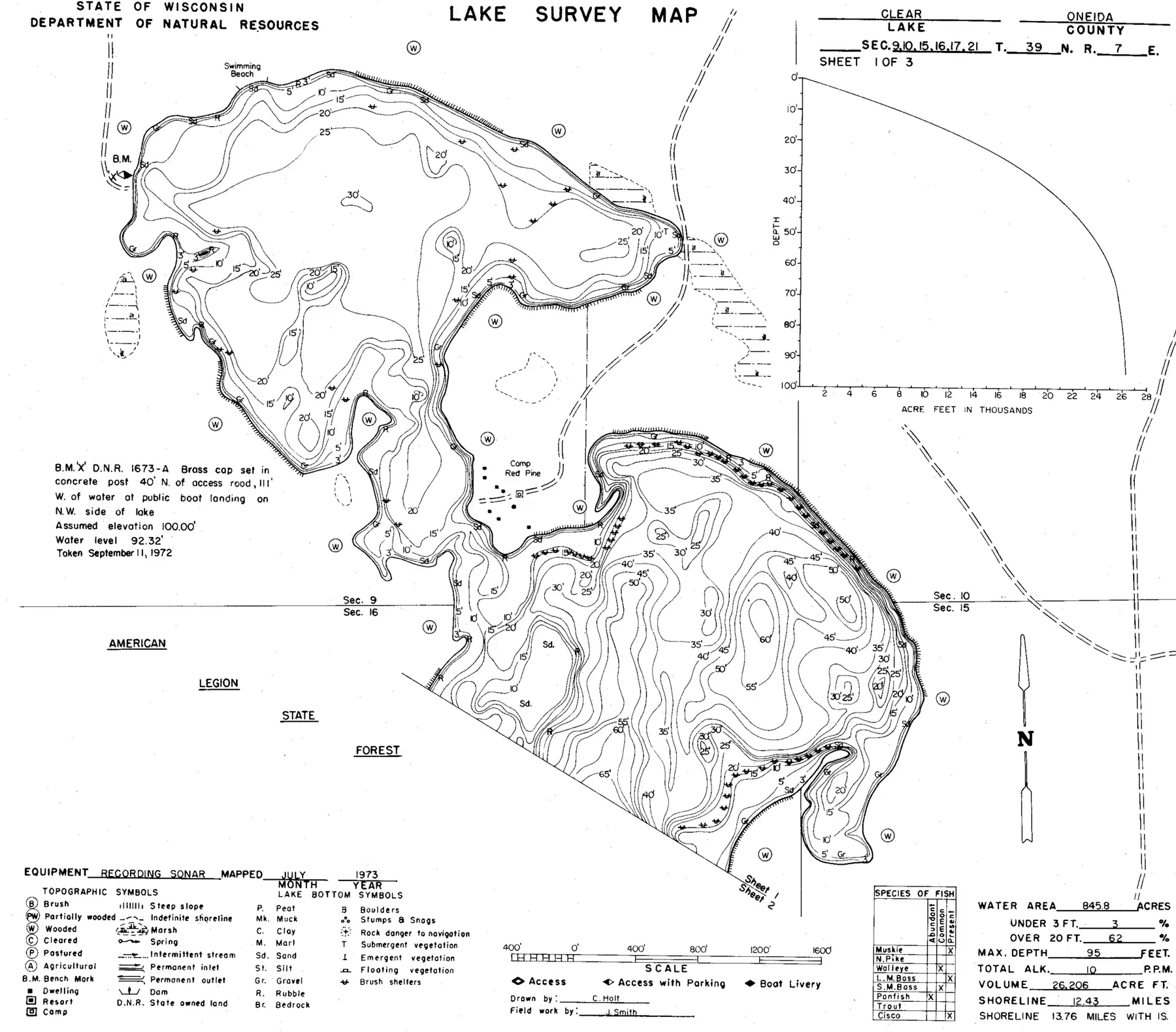 DNR survey map of Clear Lake, sheet 1 of 3, with depths in feet. Tap to zoom.