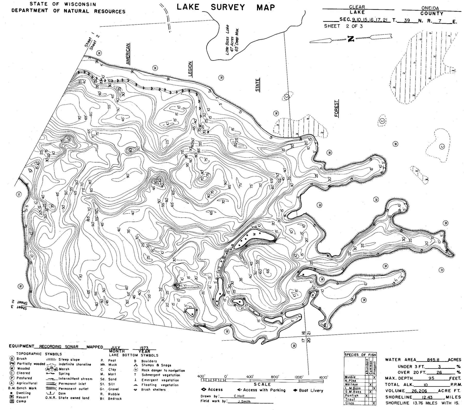 DNR survey map of Clear Lake, sheet 2 of 3, with depths in feet. Tap to zoom.