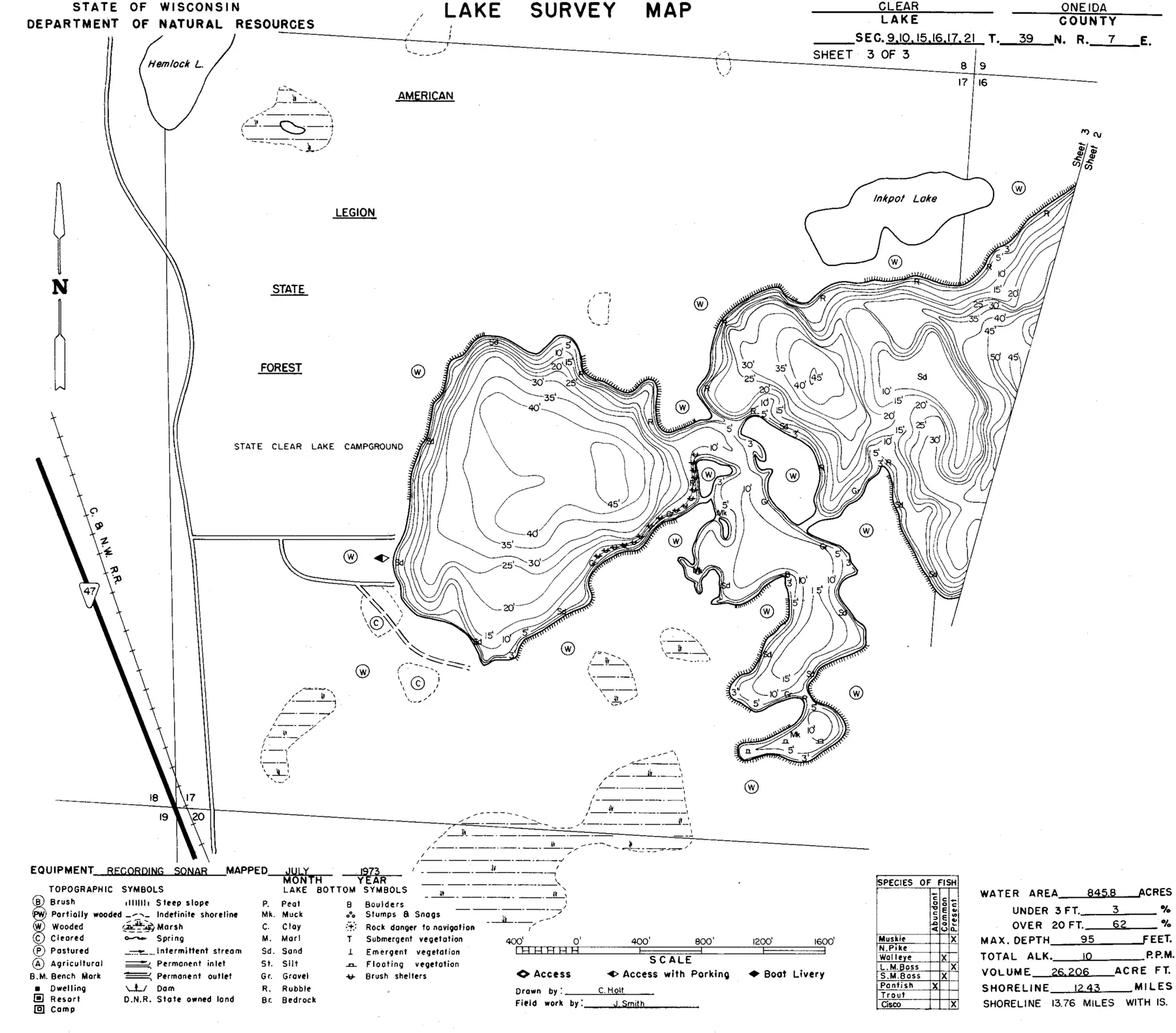DNR survey map of Clear Lake, sheet 3 of 3. Tap to zoom.