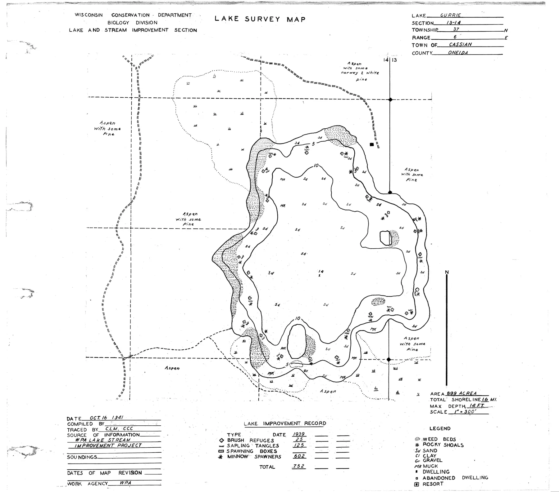 DNR survey map of Currie Lake, with depths in feet. Tap to zoom.