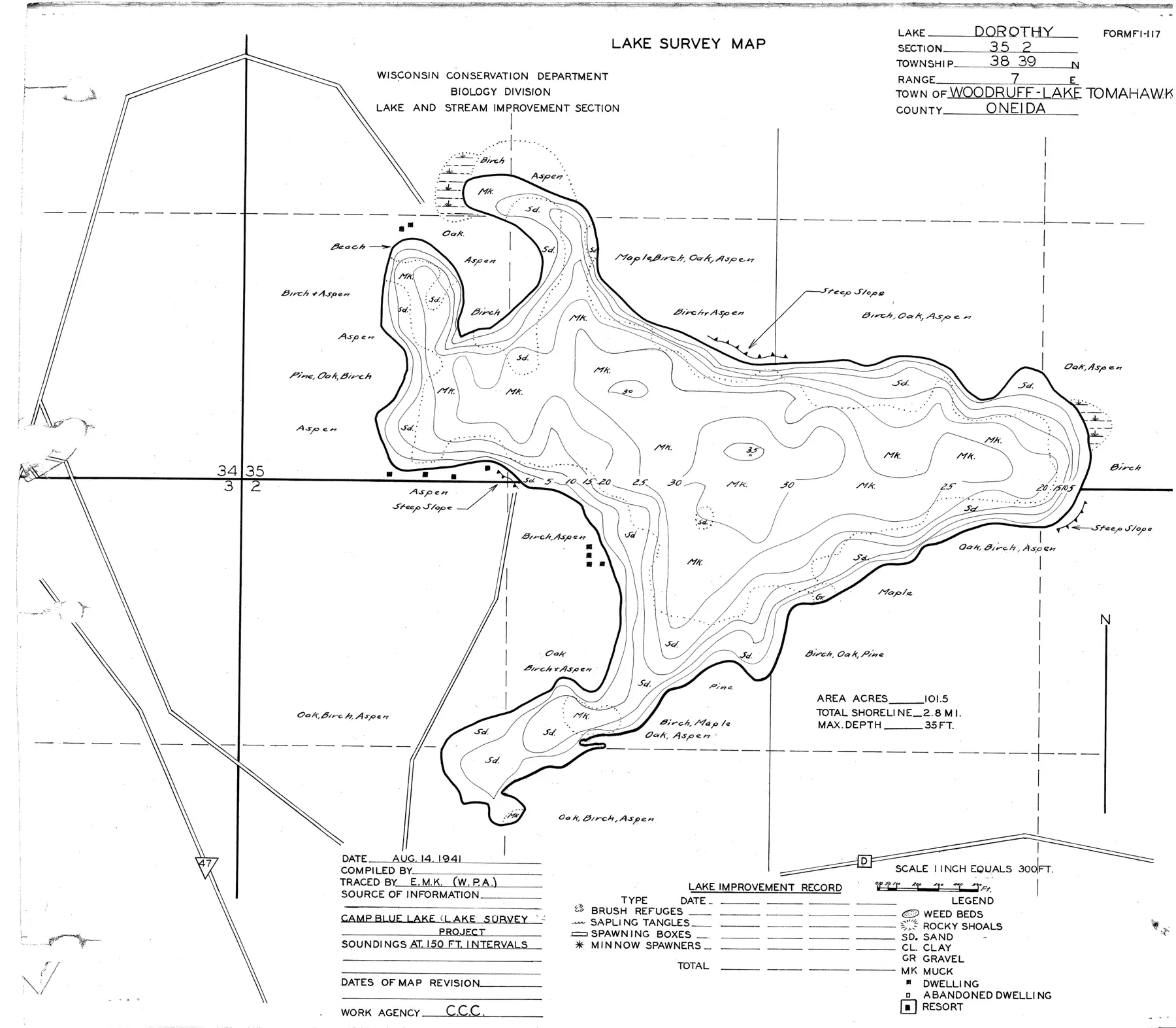 DNR survey map of Dorothy Lake, with depths in feet. Tap to zoom.