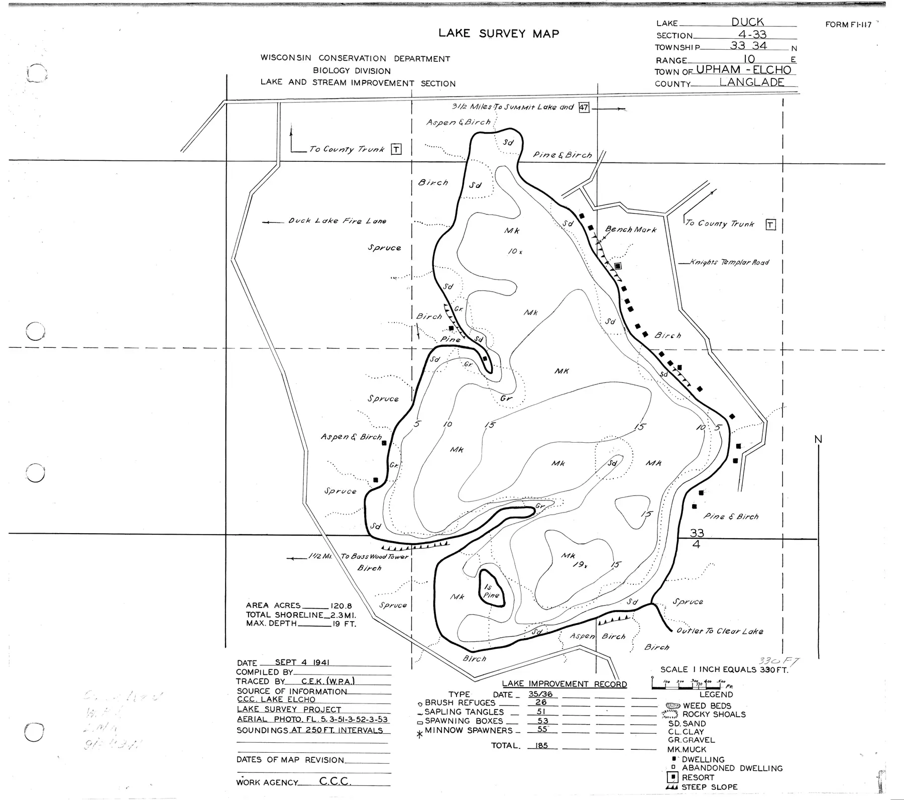 DNR survey map of Duck Lake, with depths in feet. Tap to zoom.