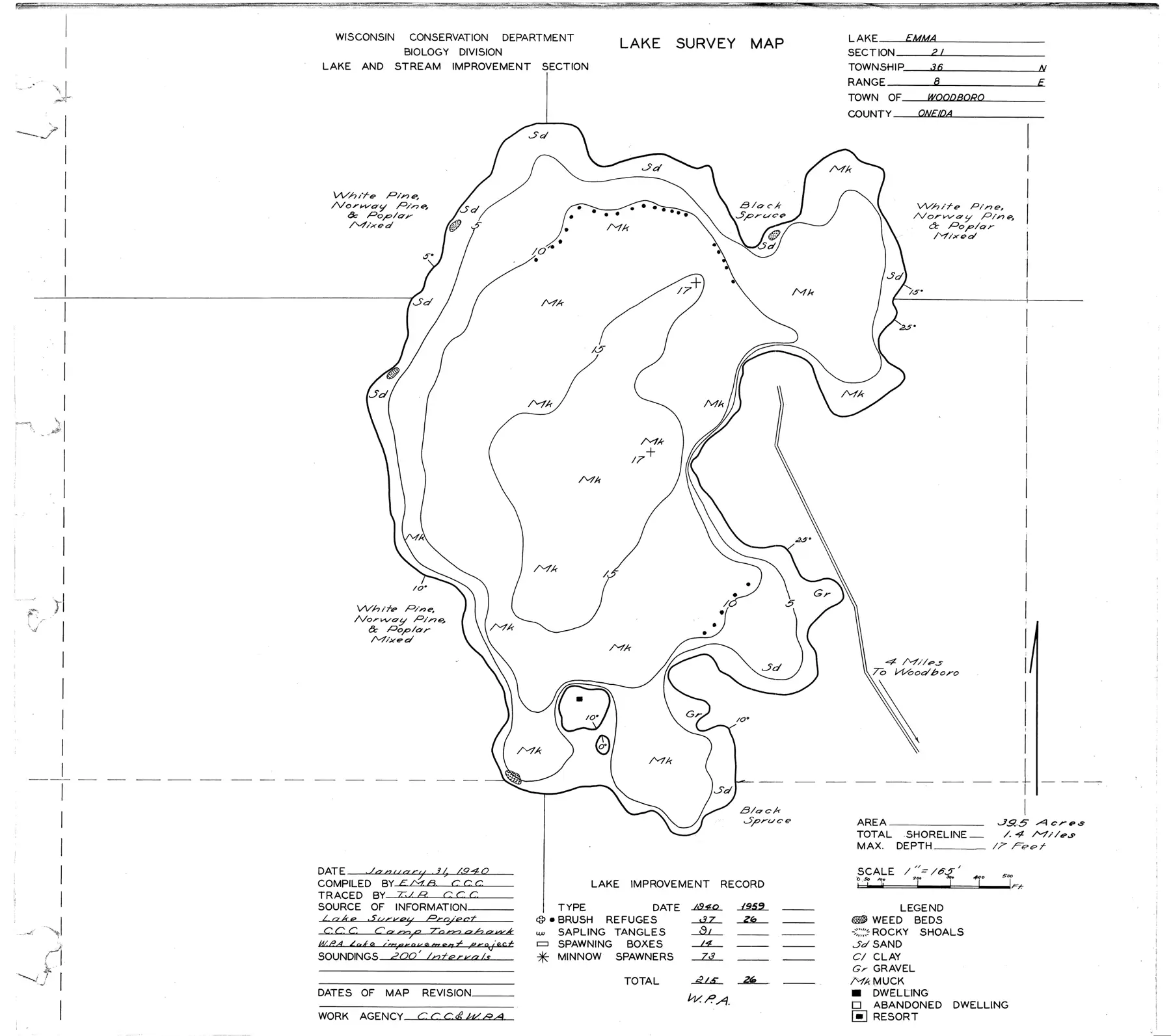 DNR survey map of Emma Lake, with depths in feet. Tap to zoom.