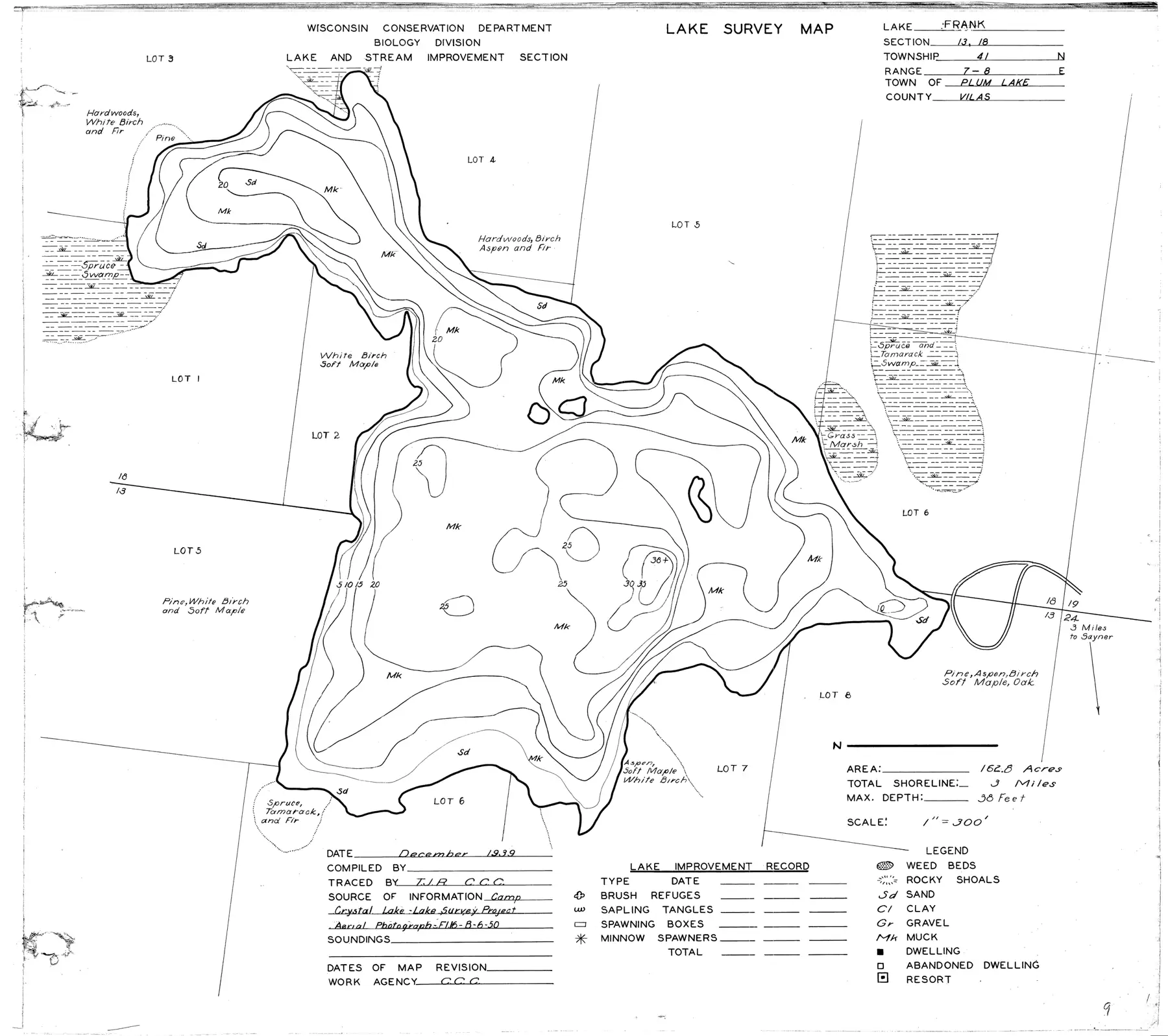 DNR survey map of Frank Lake, with depths in feet. Tap to zoom.