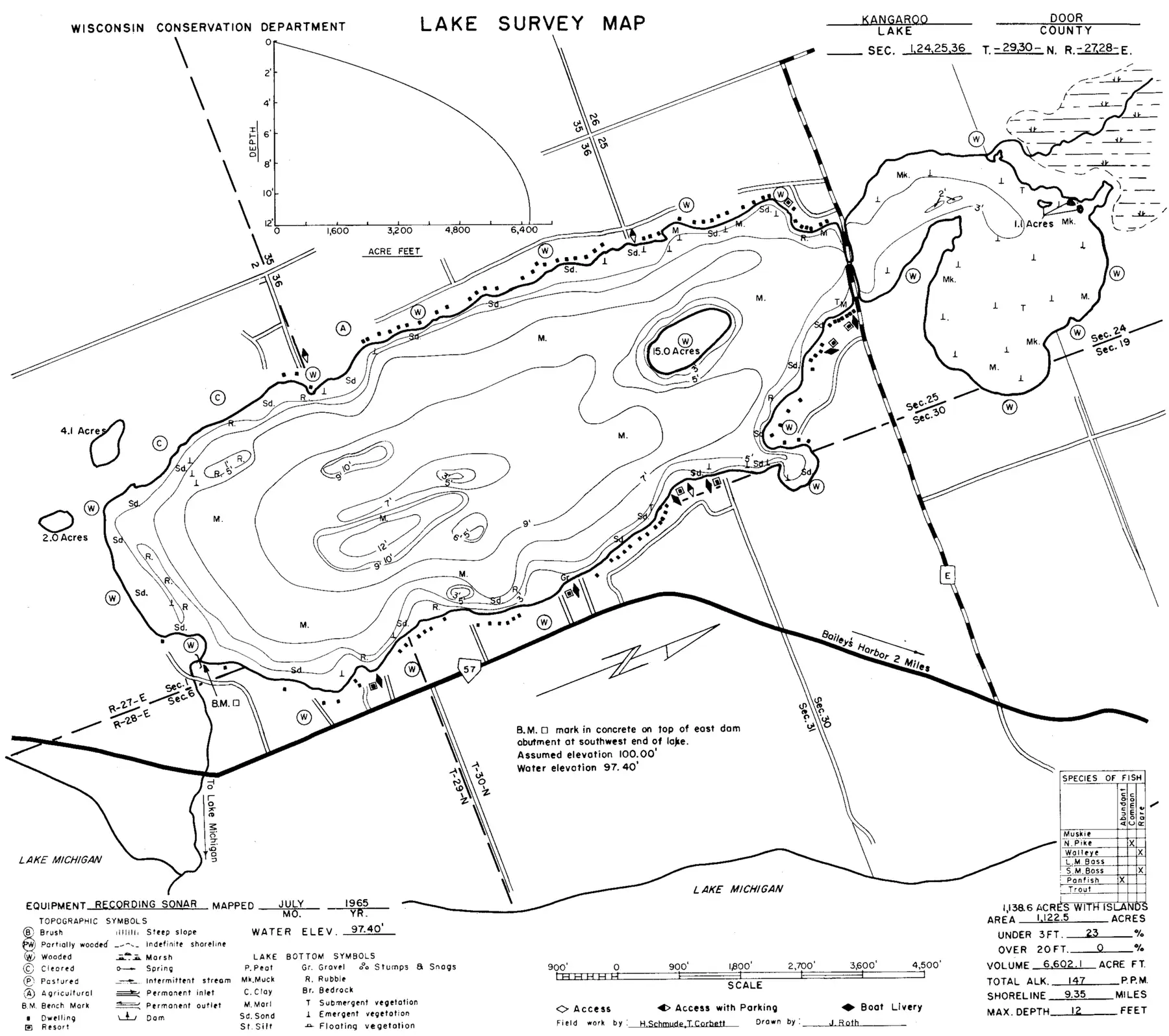 DNR survey map of Kangaroo Lake, with depths in feet. Tap to zoom.