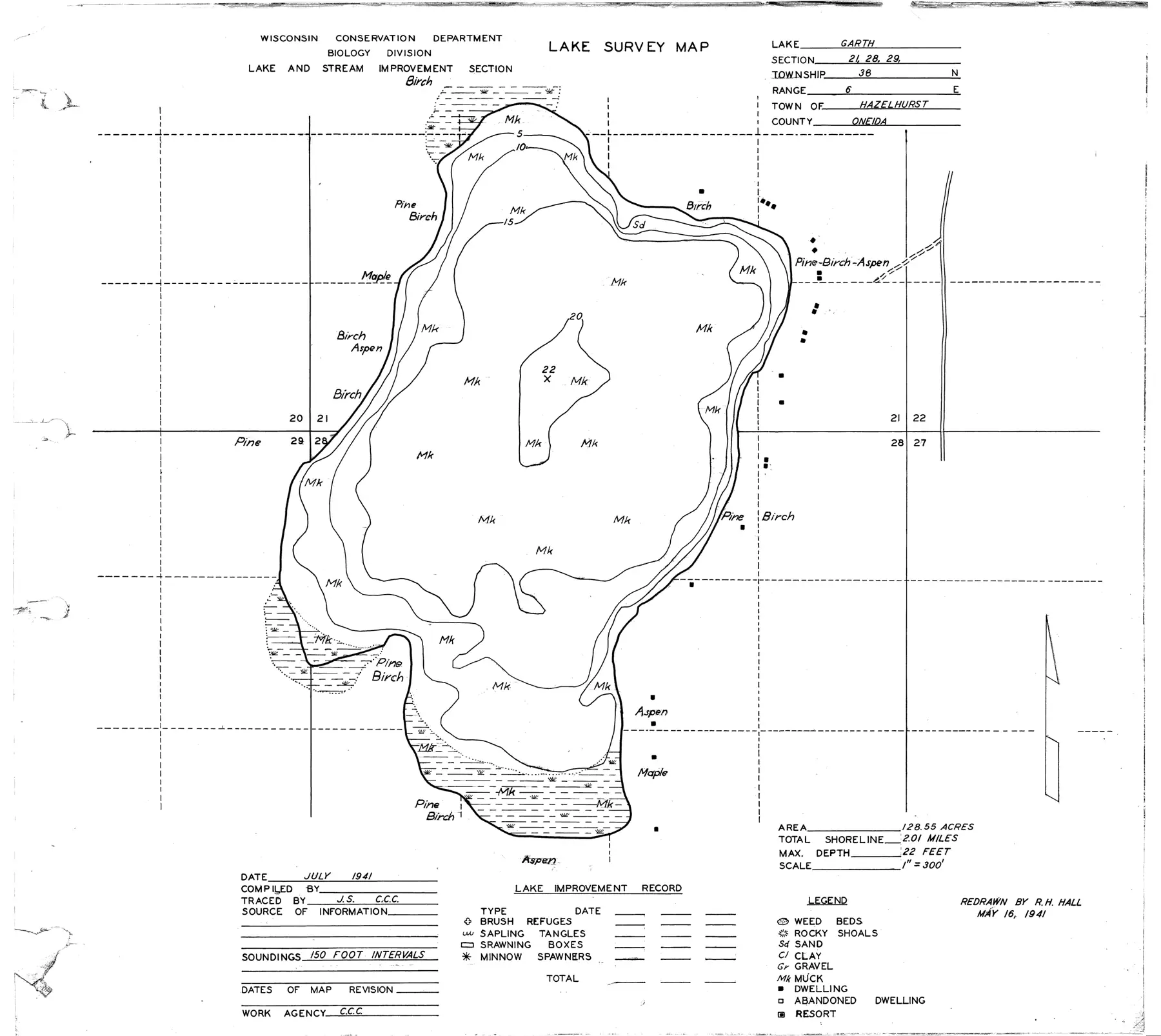 DNR survey map of Garth Lake, with depths in feet. Tap to zoom.