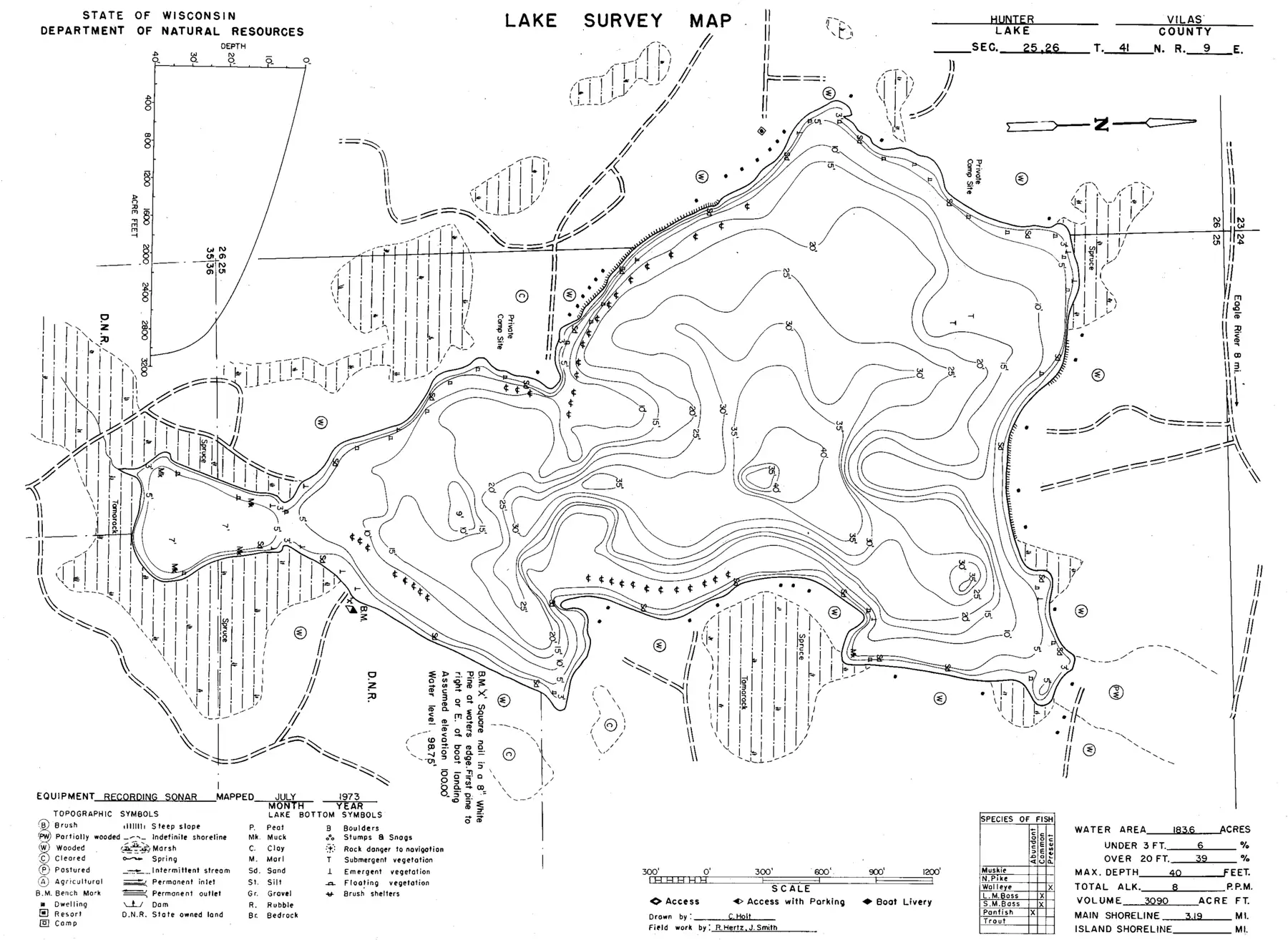 DNR survey map of Hunter Lake, with depths in feet. Tap to zoom.