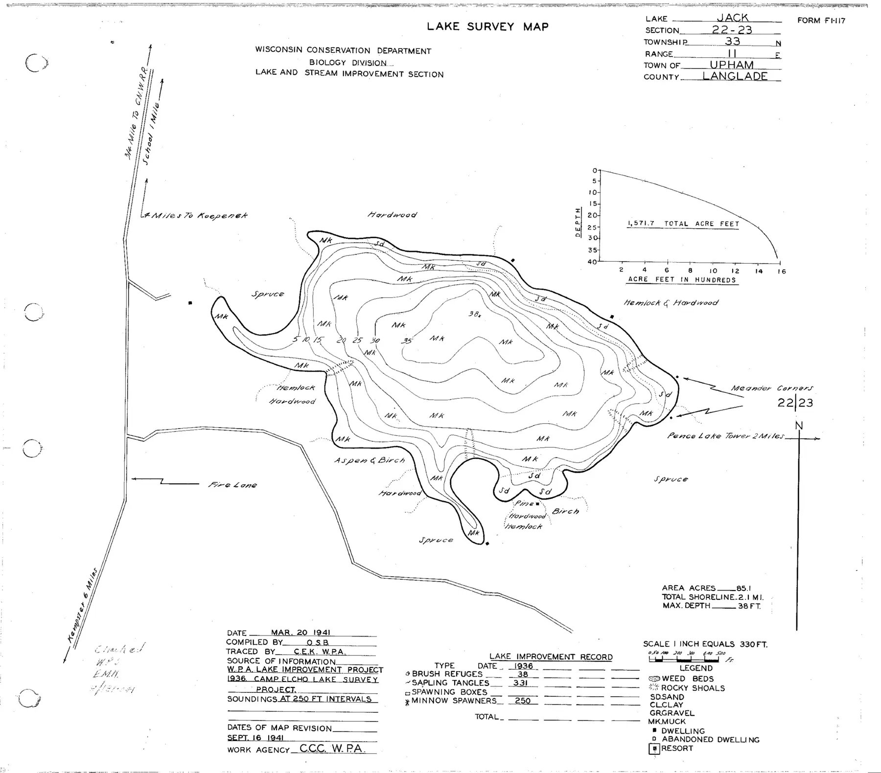 DNR survey map of Jack Lake, with depths in feet. Tap to zoom.