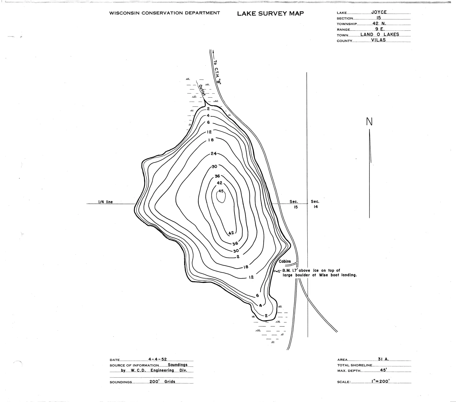 DNR survey map of Joyce Lake, with depths in feet. Tap to zoom.