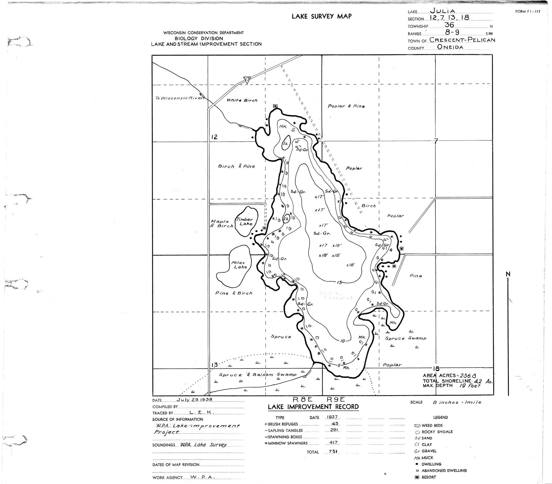 DNR survey map of Lake Julia, with depths in feet. Tap to zoom.