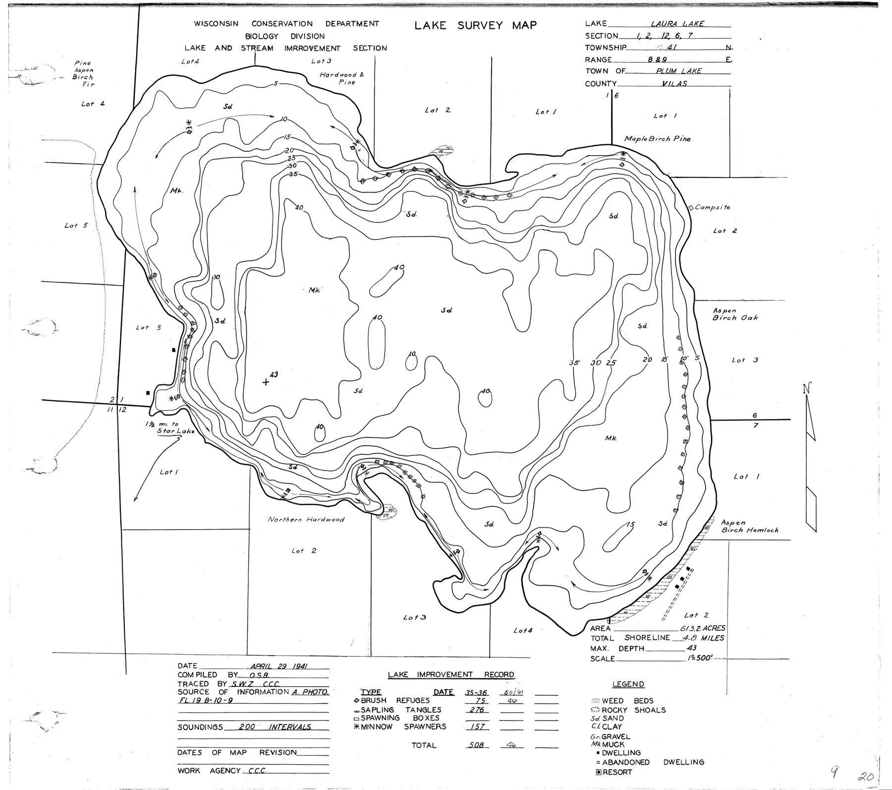 DNR survey map of Lake Laura, with depths in feet. Tap to zoom.