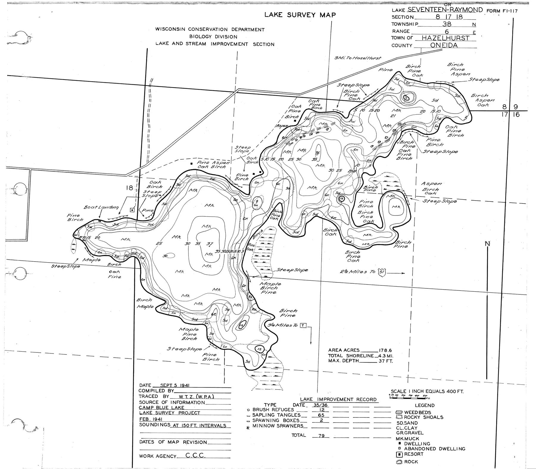 DNR survey map of Lake Seventeen, with depths in feet. Tap to zoom.
